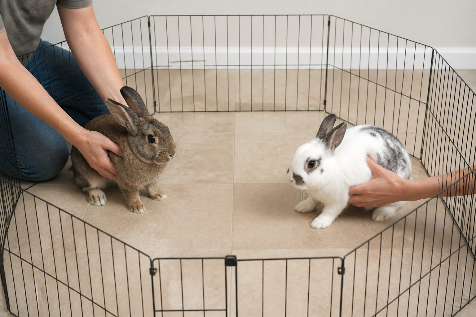 An owner calmly guiding two rabbits into a neutral pen to reset after tension.