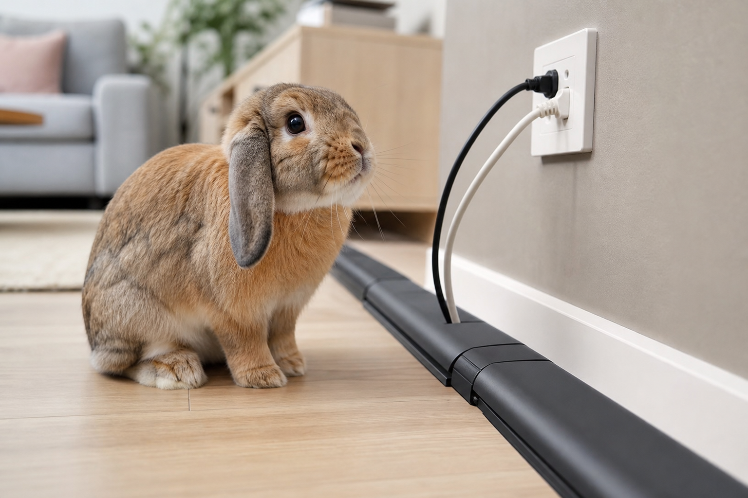 A rabbit beside electrical cords safely covered with cable protectors