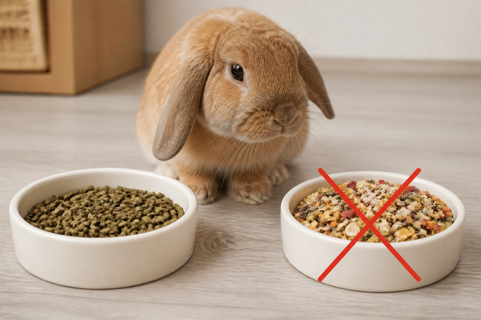 兩碗對比:均勻的純牧草飼料,對比色彩繽紛的雜糧式兔糧。