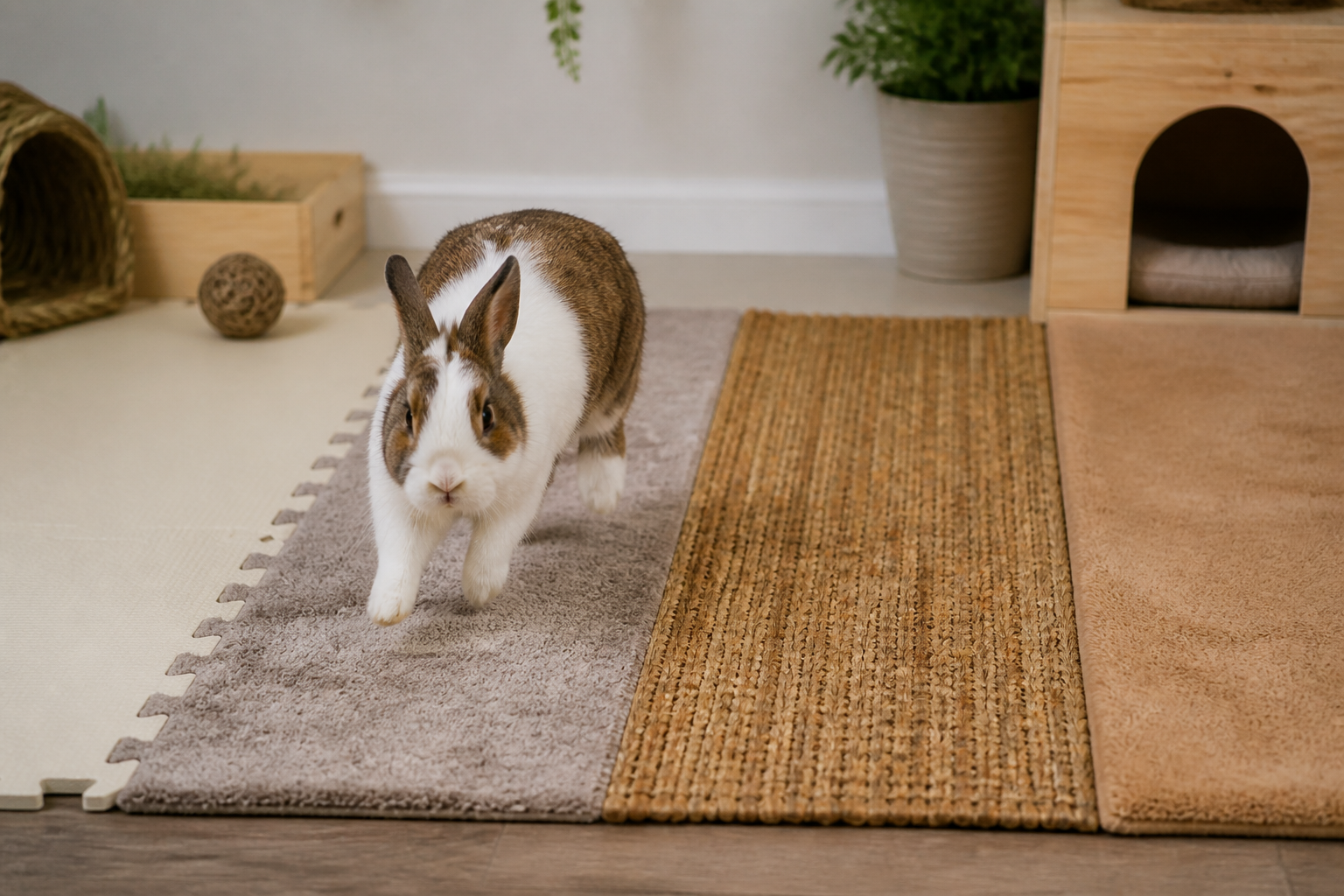 Four rabbit-safe flooring surfaces compared: foam mat, cotton mat, seagrass mat and fleece liner.