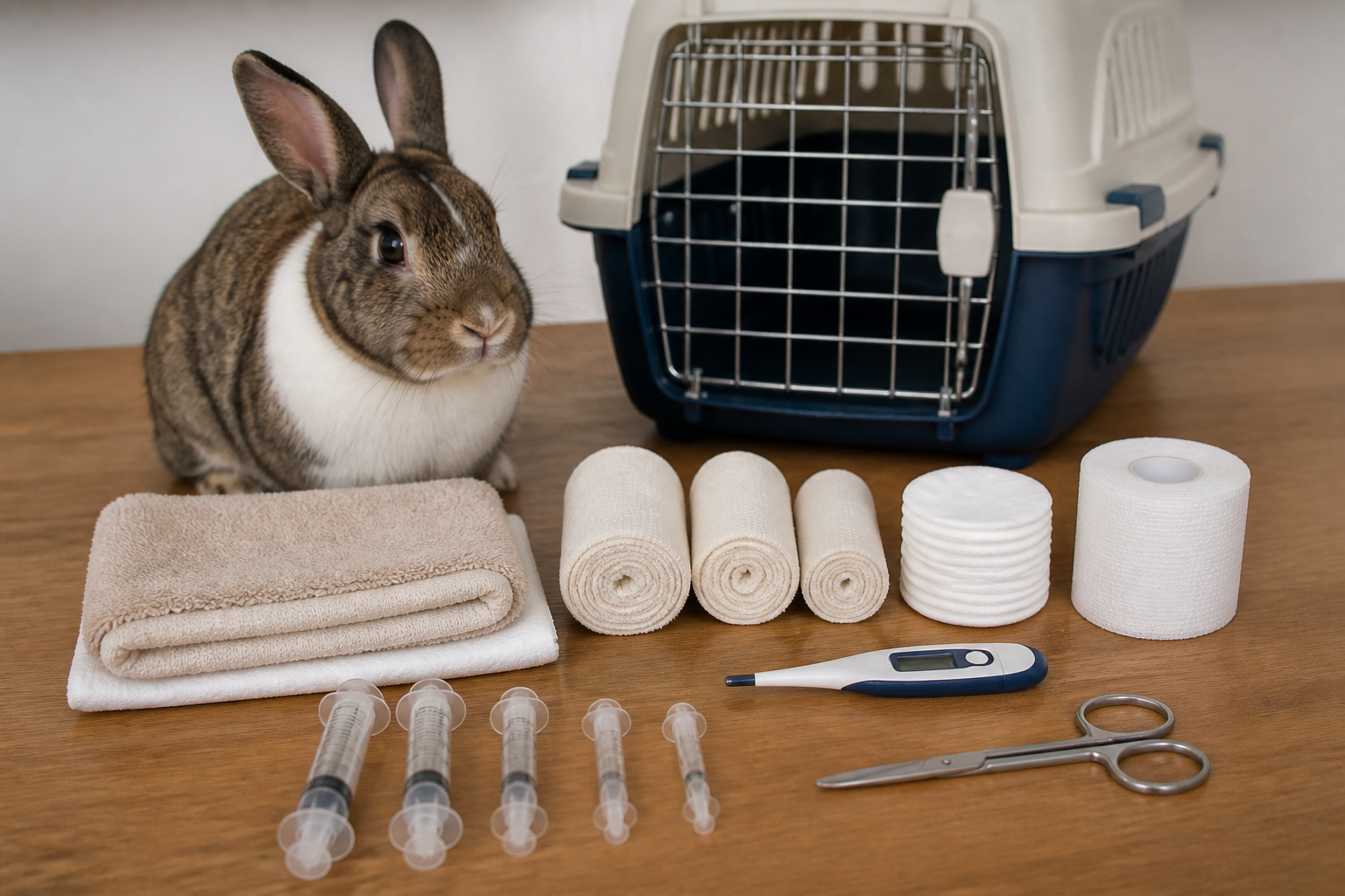 A rabbit first-aid kit laid out on a table with syringes, gauze, scissors and a thermometer
