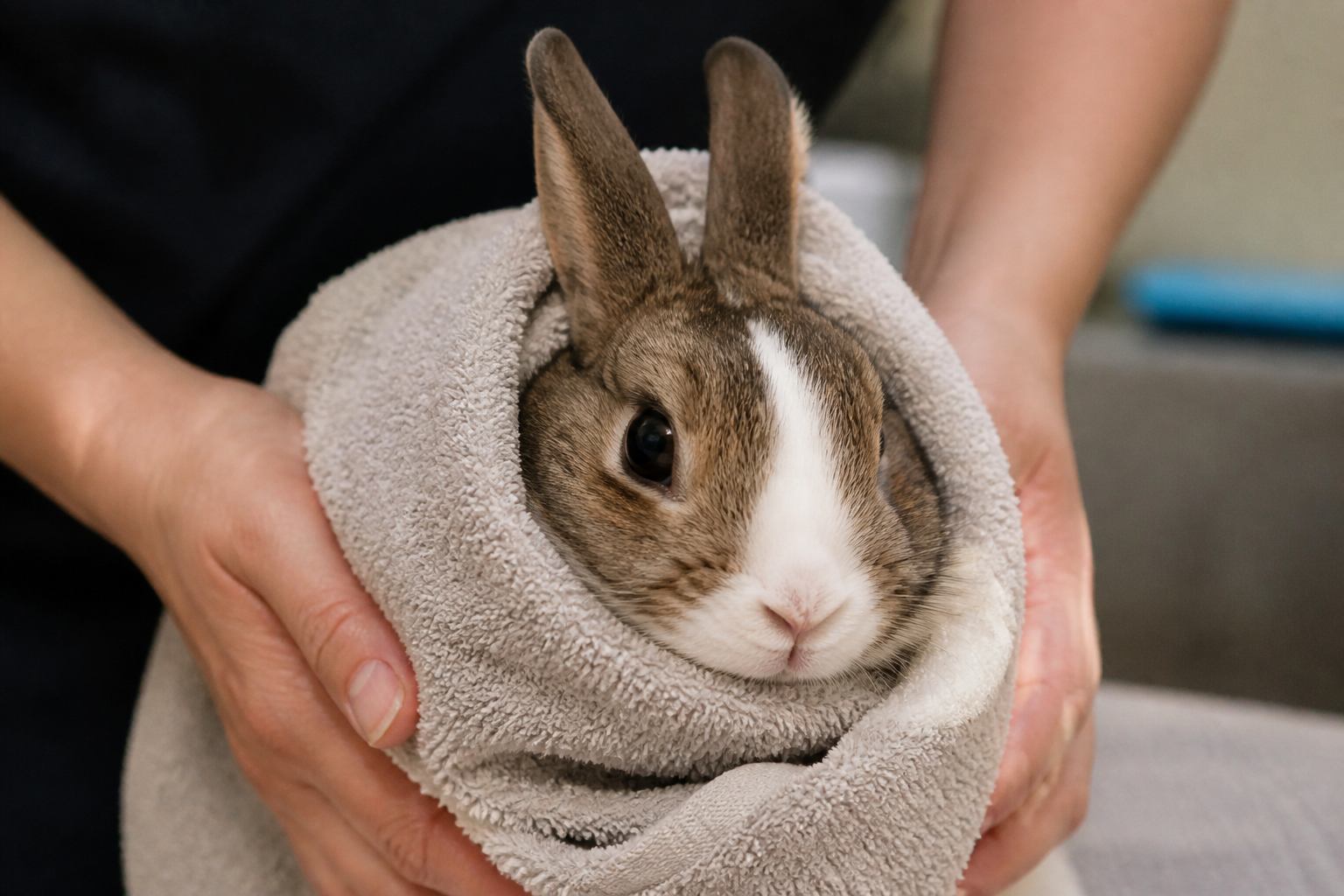 Hands gently wrapping a calm rabbit in a soft towel to keep it still