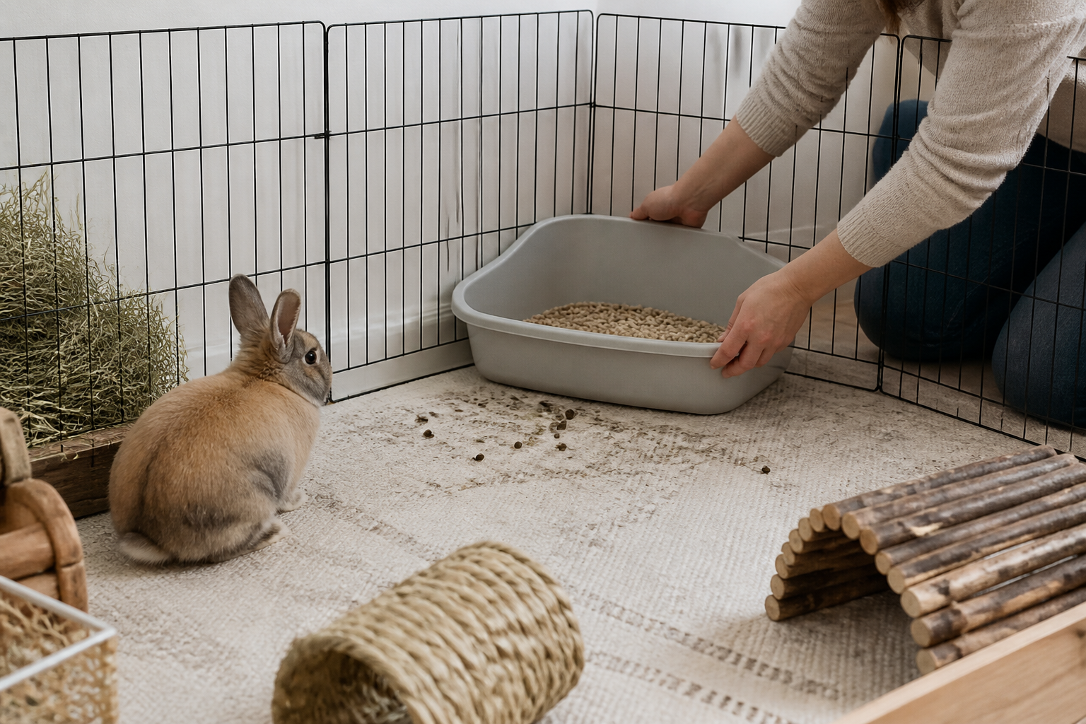 An owner placing the litter box in the corner the rabbit already chose as its toilet.