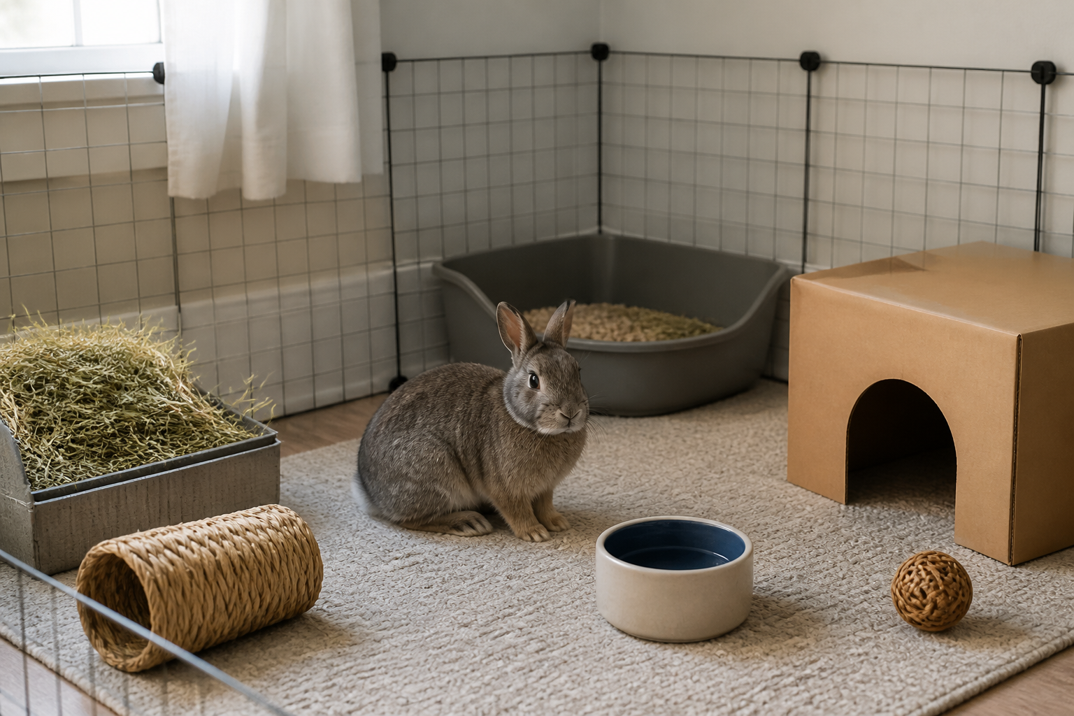 A calm, ready rabbit pen in a quiet corner with hay, water, litter tray and a hideout.