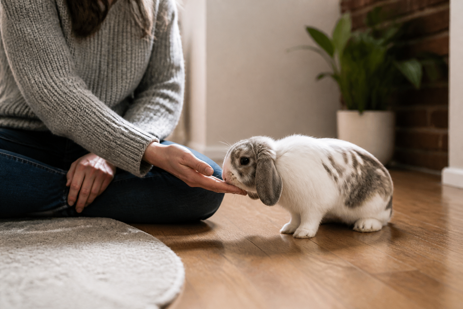 An owner sitting quietly on the floor letting a new rabbit approach and sniff their hand.