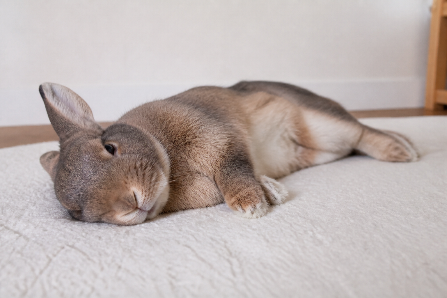A relaxed spayed female rabbit flopped on its side, showing calm, settled body language.