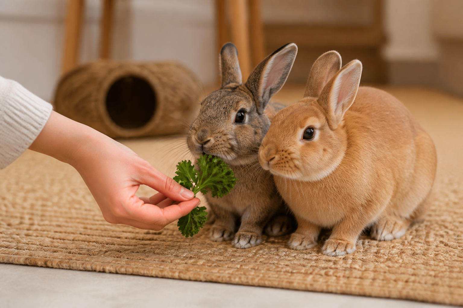 Two bonded rabbits sitting calmly side by side while an owner offers greens.
