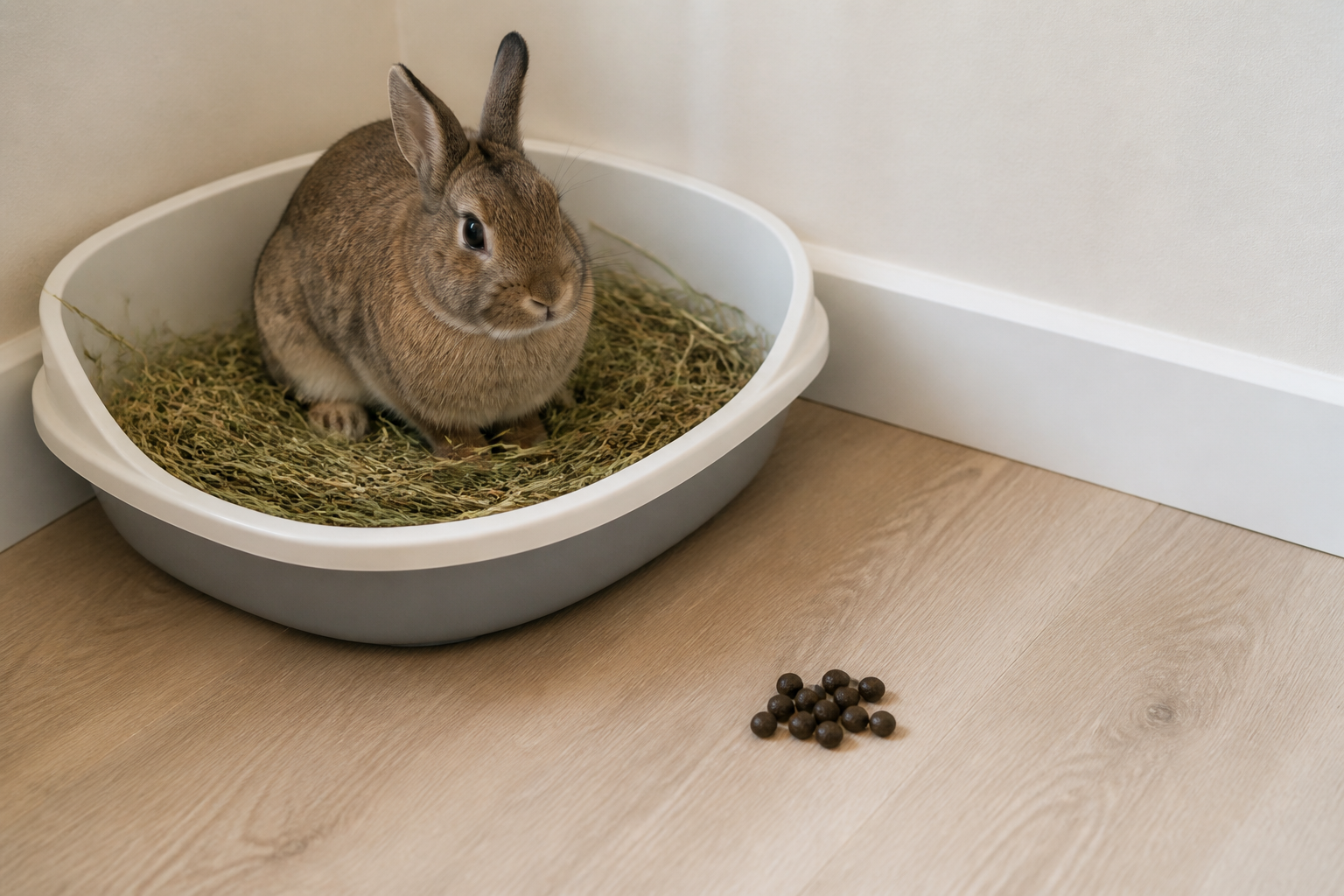 A rabbit using a corner litter tray, with a small pile of droppings marking a boundary nearby.