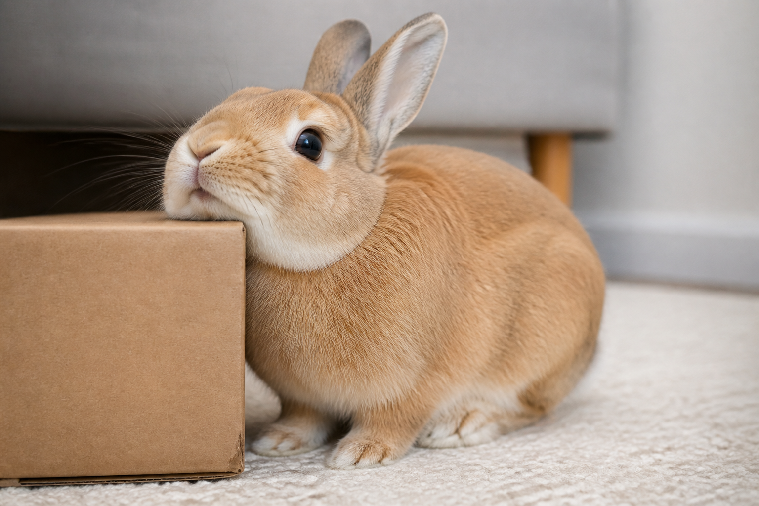 Close-up of a rabbit chinning the edge of a box to leave its scent.