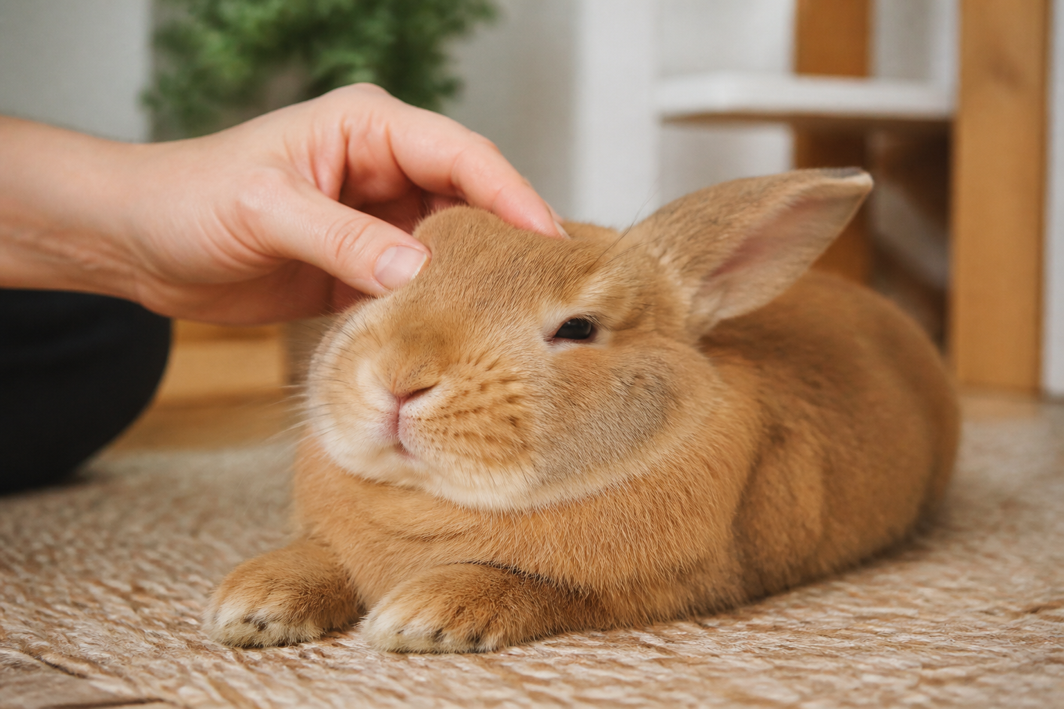A relaxed rabbit being gently stroked, eyes half closed, likely tooth-purring with contentment.
