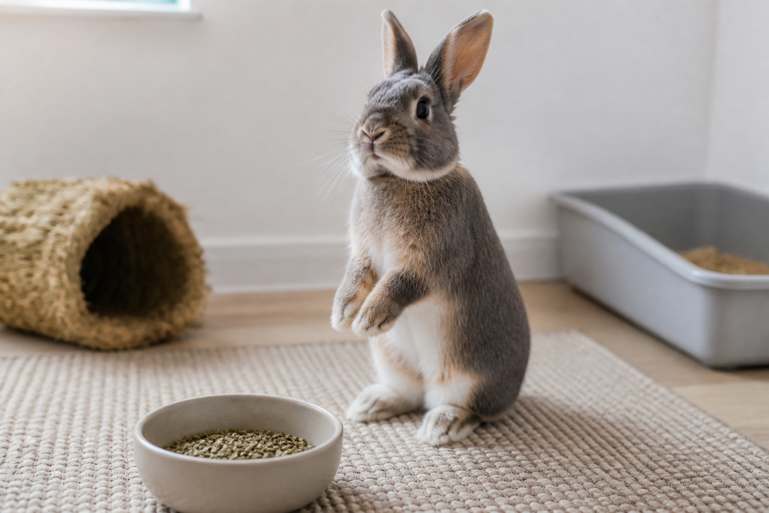 An alert rabbit standing up with ears forward, the posture that often comes with grunting.