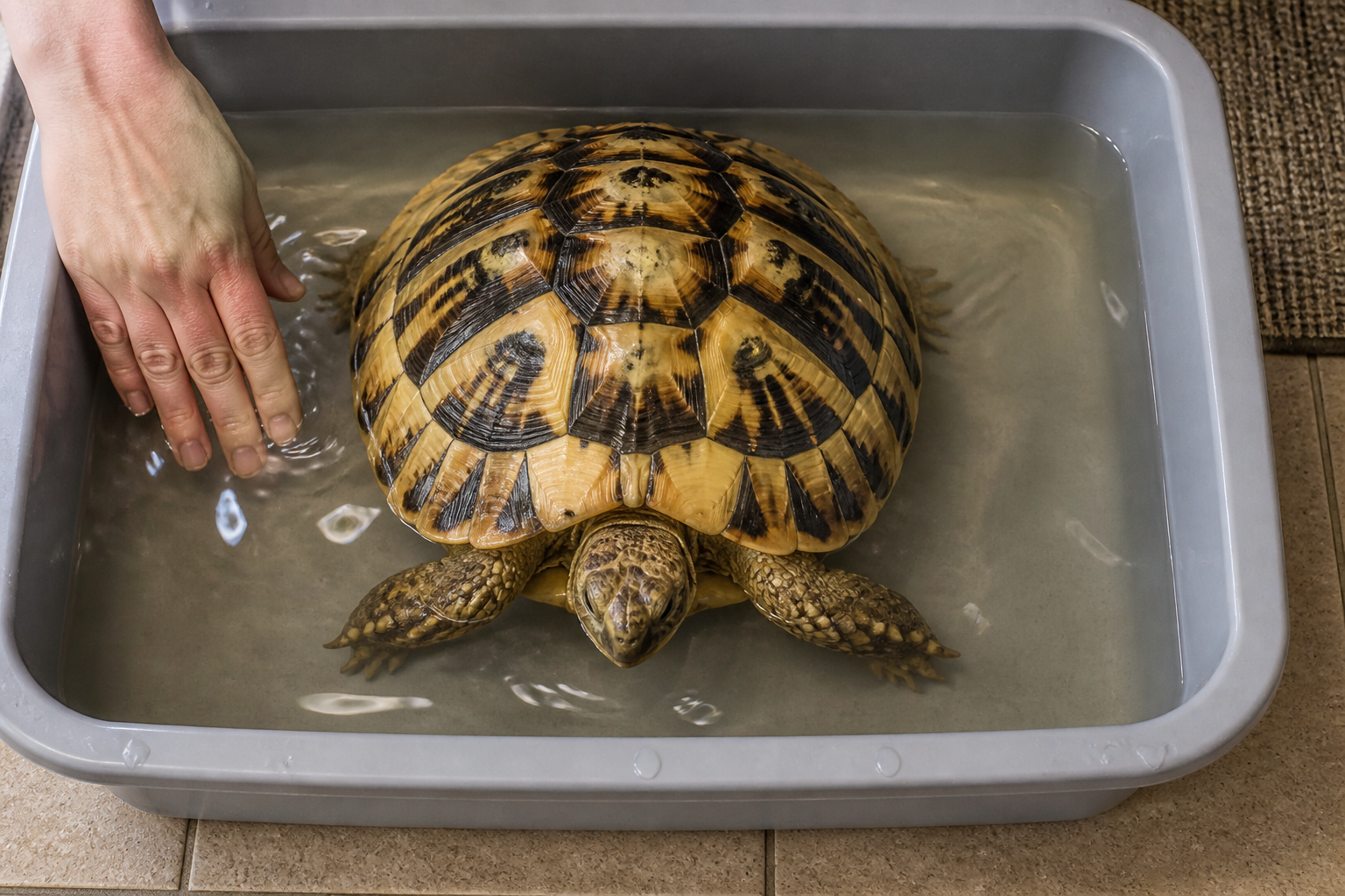 A tortoise in a shallow bath with water reaching the midpoint of its legs, an owner testing the water temperature.