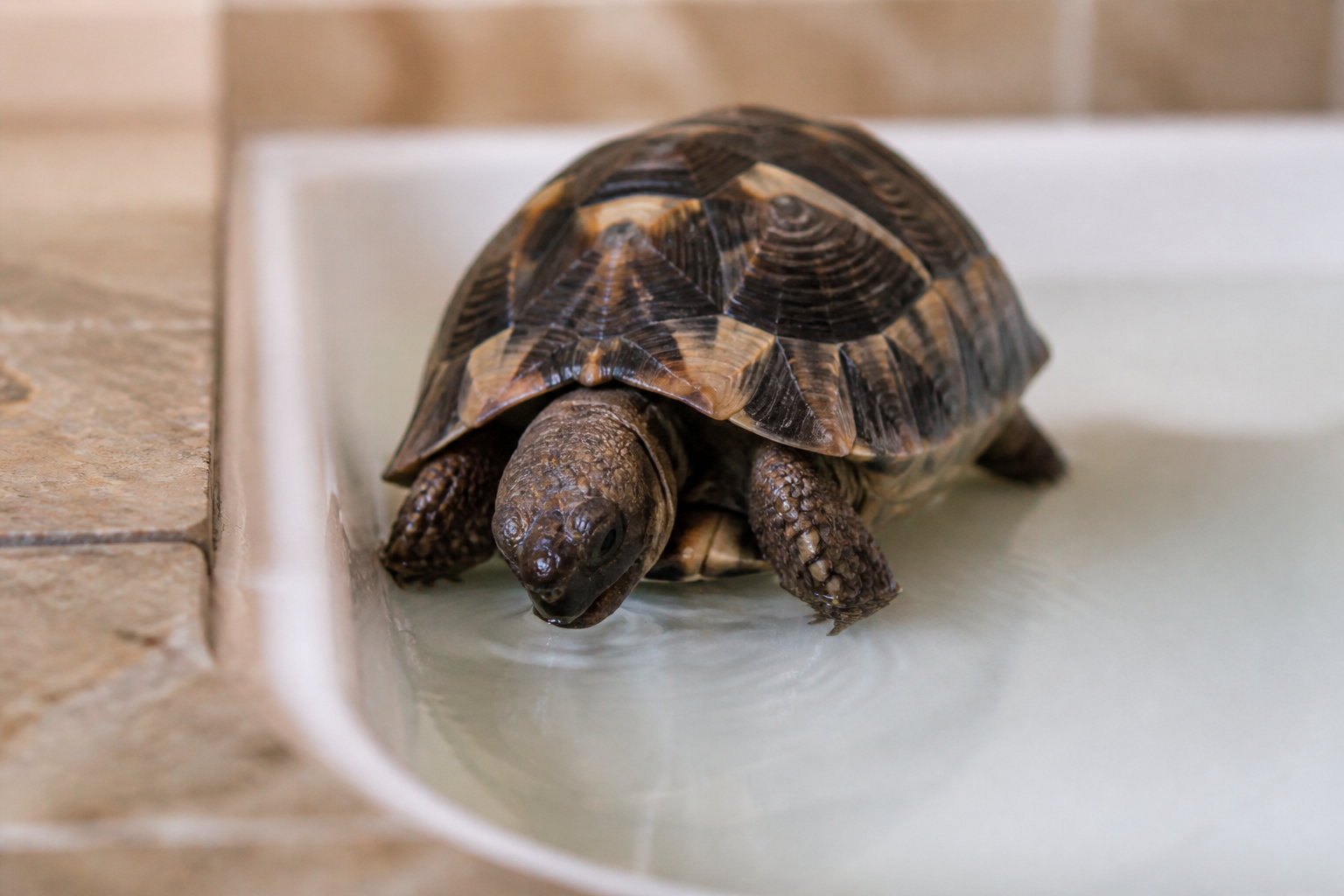 A tortoise lowering its head to drink during a warm soak.