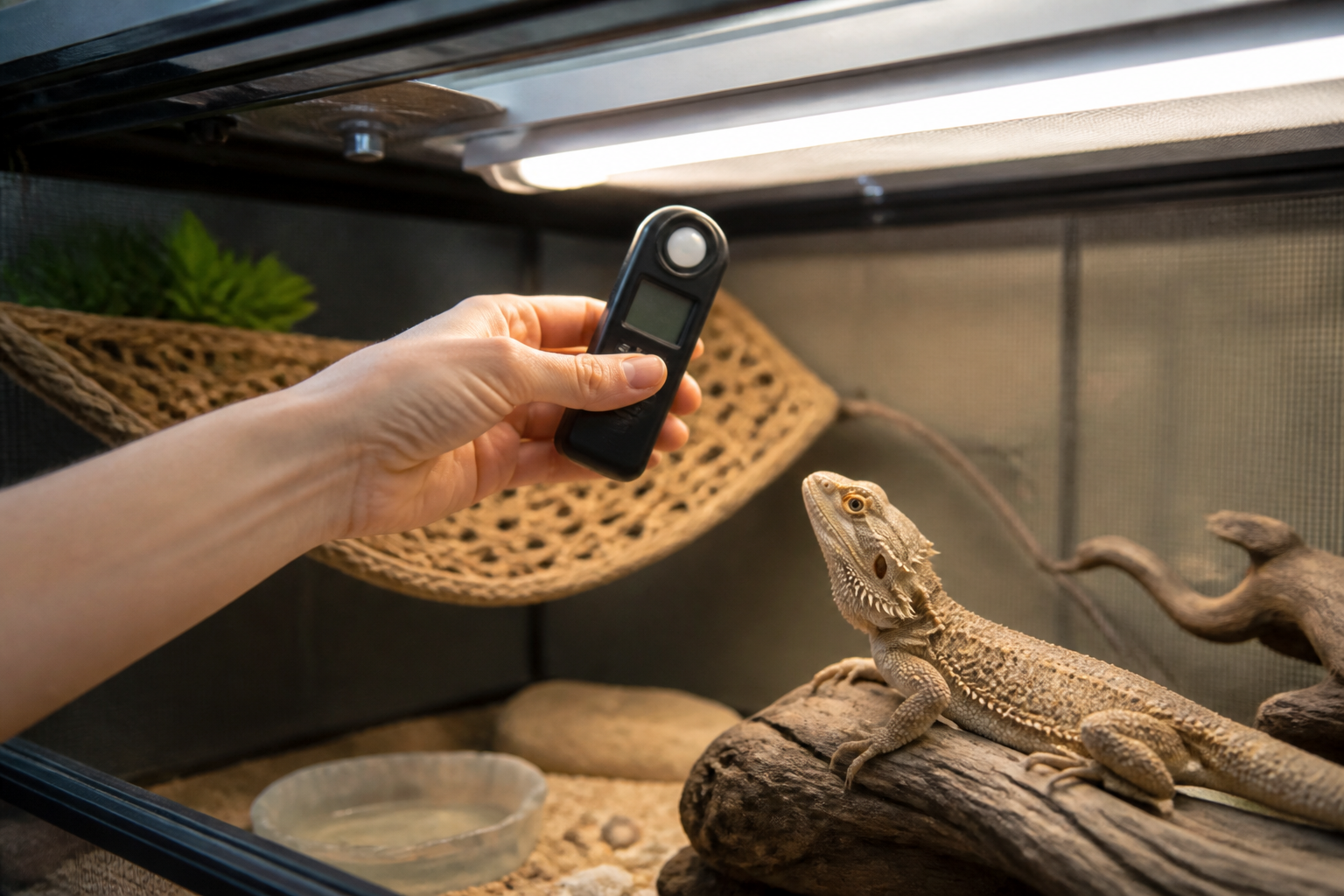 飼主用紫外線指數計在曬點高度量測 UVB 輸出。