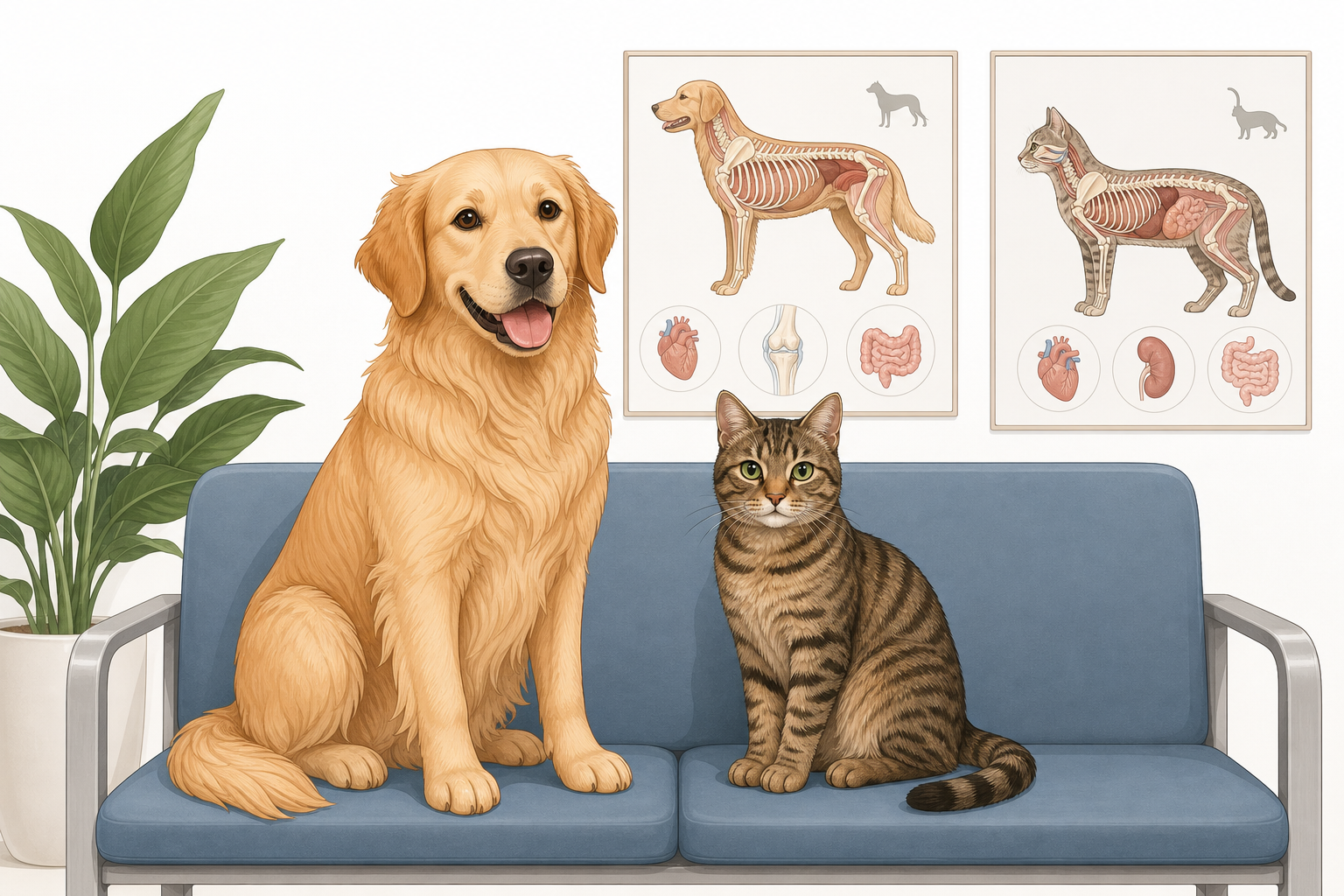 A healthy dog and cat sitting side-by-side in a clean veterinary clinic waiting room.