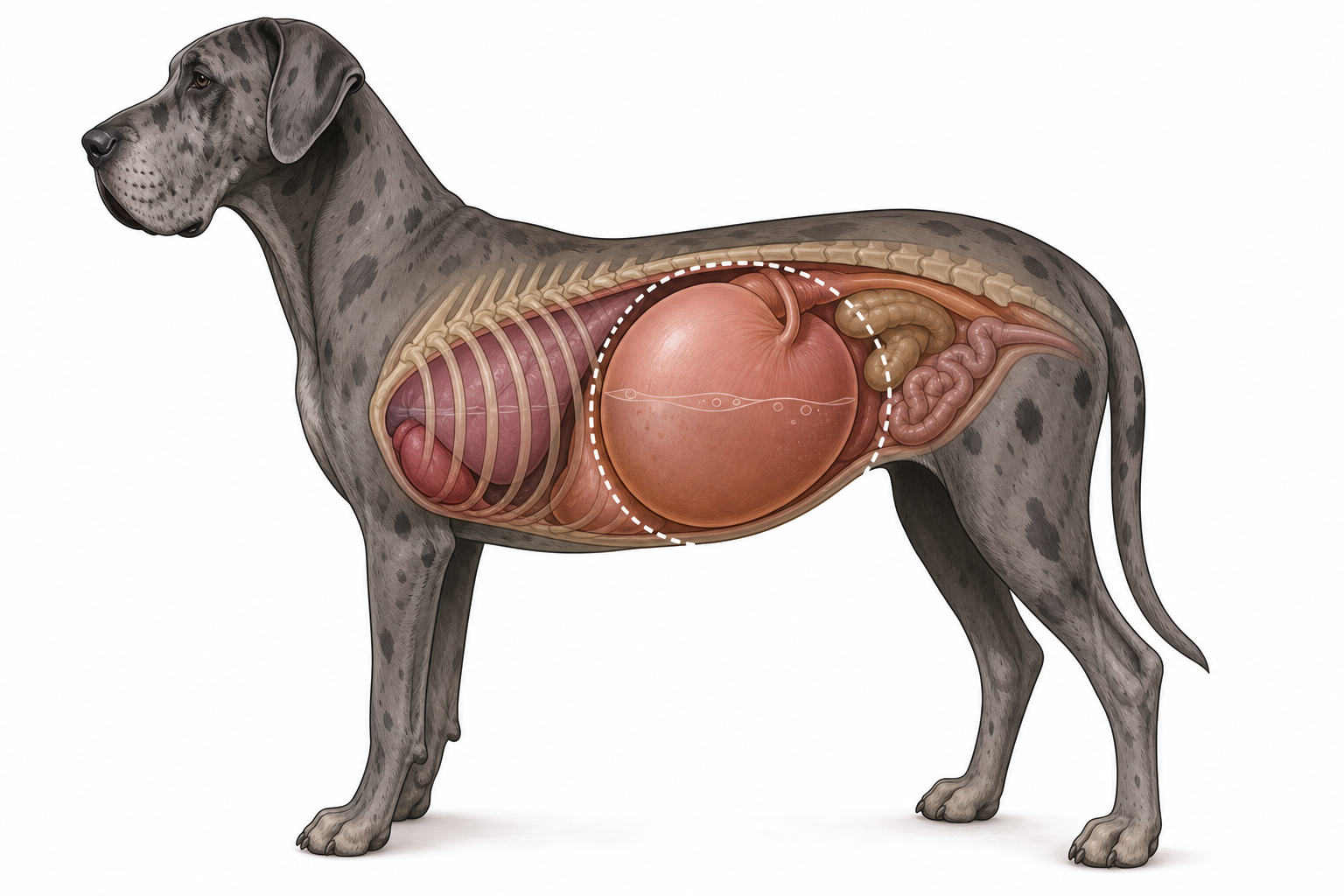 A large breed dog standing in profile showing the abdominal area.