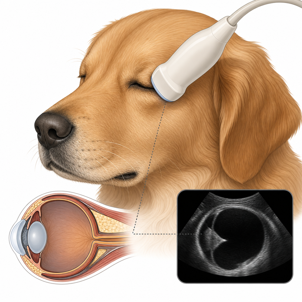 眼球構造をスキャンするために、犬の閉じた眼瞼に優しく当てられる眼科用超音波プローブ
