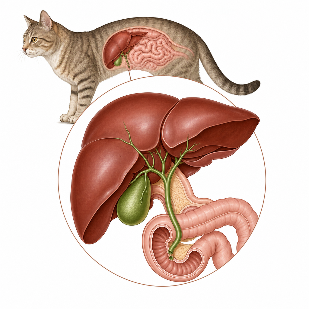 猫の肝臓および胆道系の解剖図。