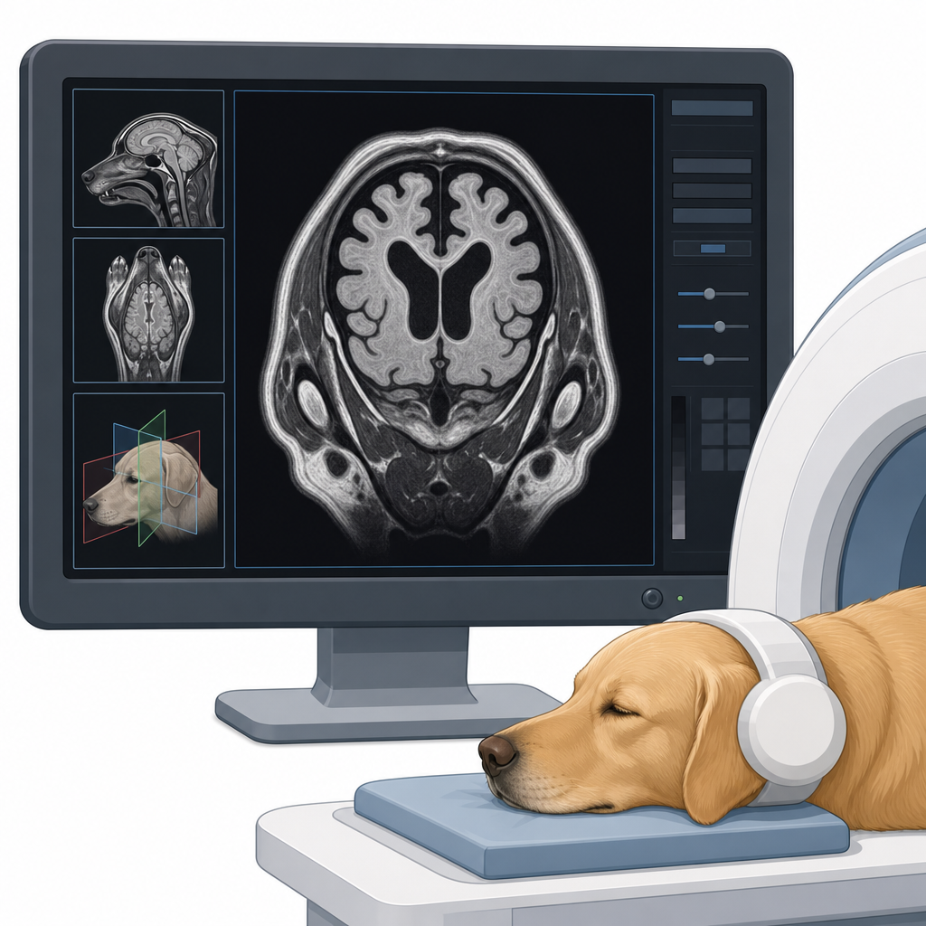犬の脳スキャンを表示しているMRIモニター。