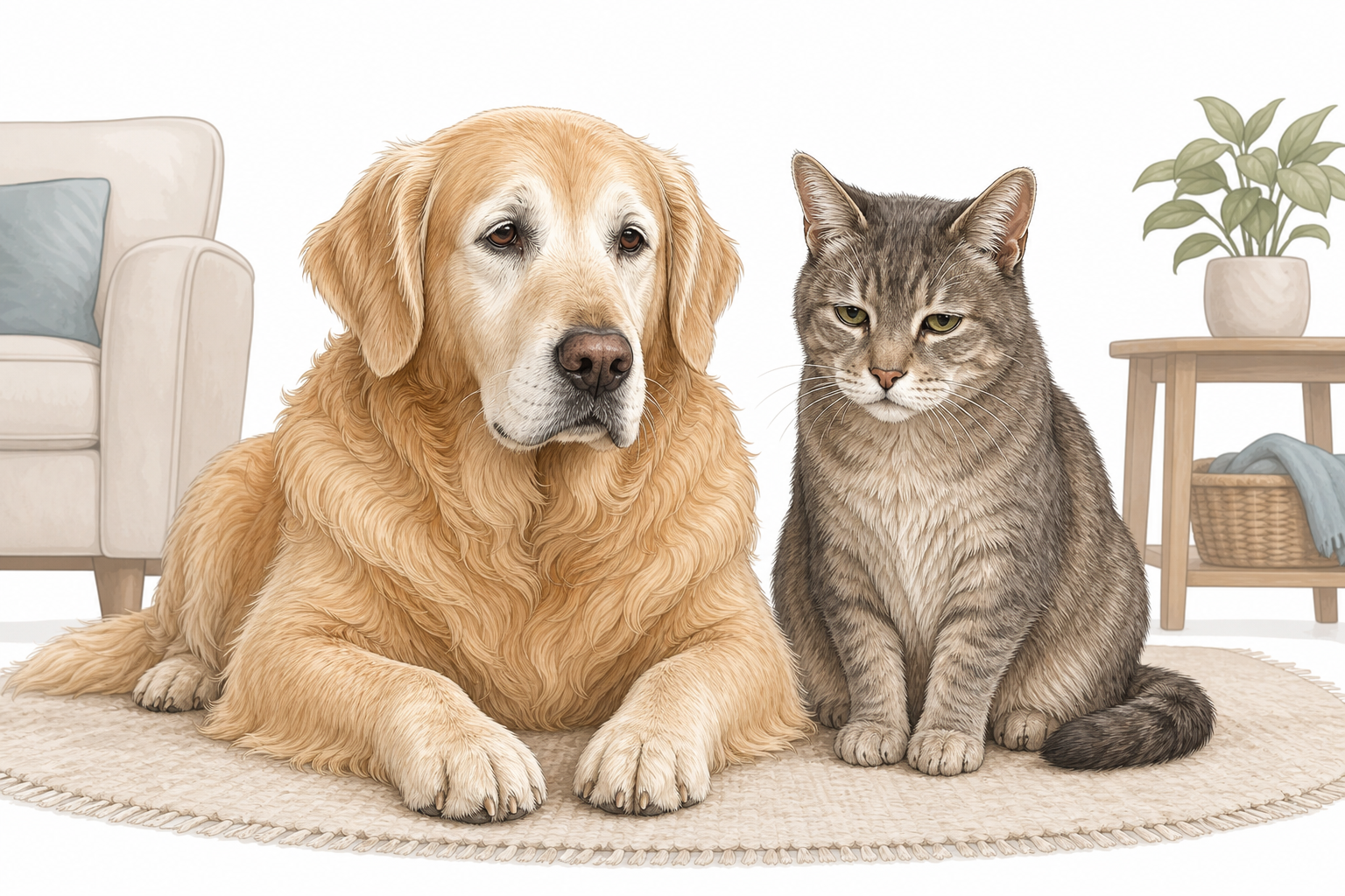 A senior dog and cat sitting together in a living room.