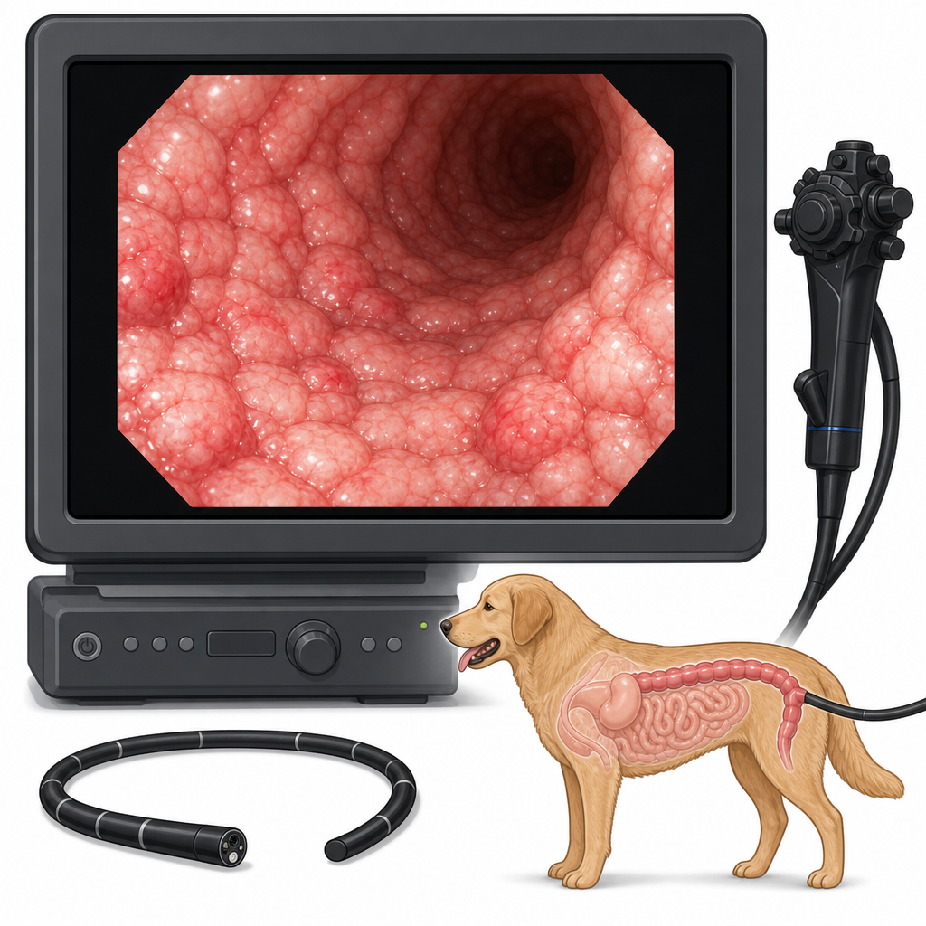 An endoscopic view of an inflamed canine colon lining during a colonoscopy.