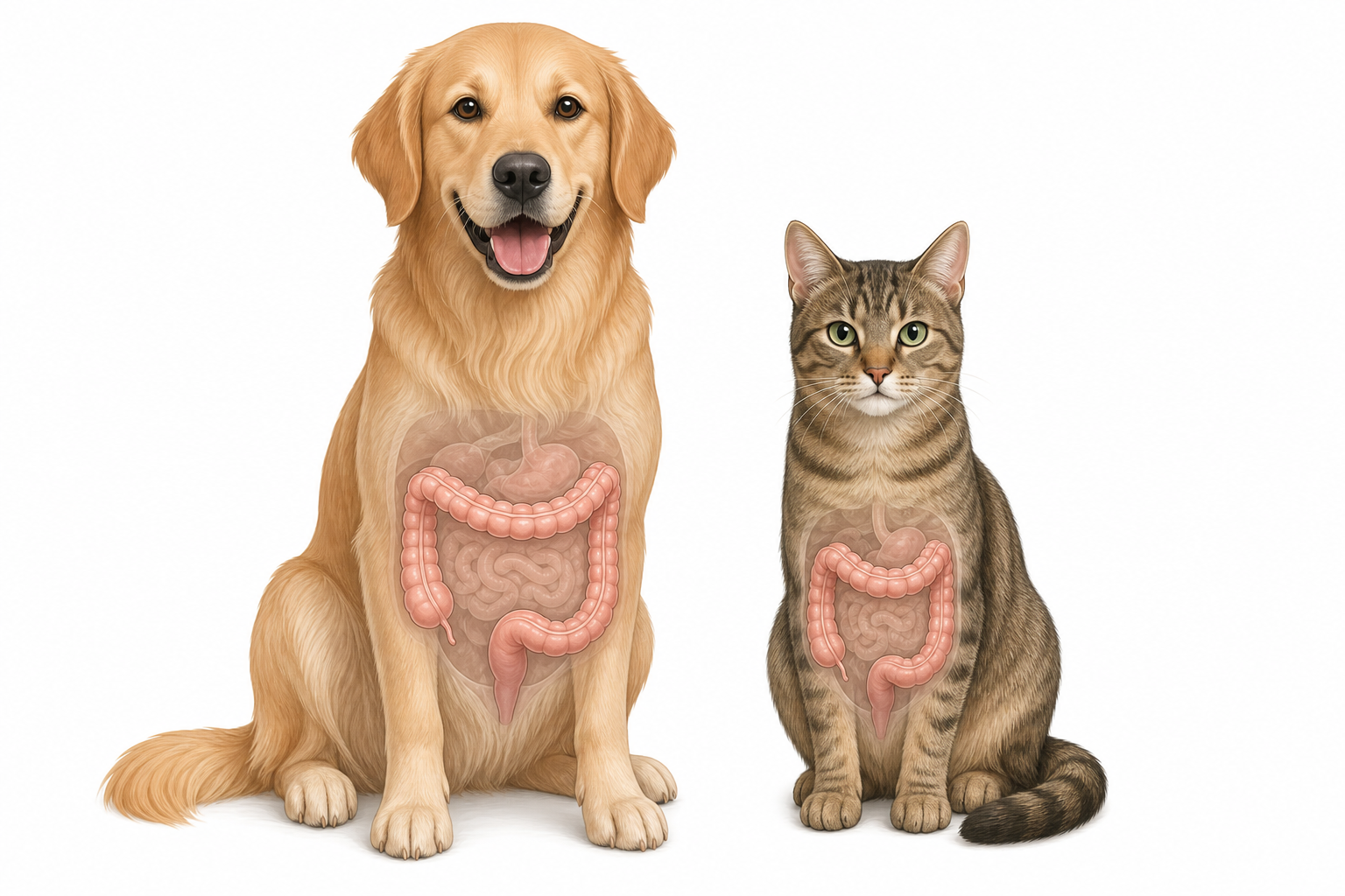 A healthy dog and cat with an anatomical overlay showing the location of the colon.