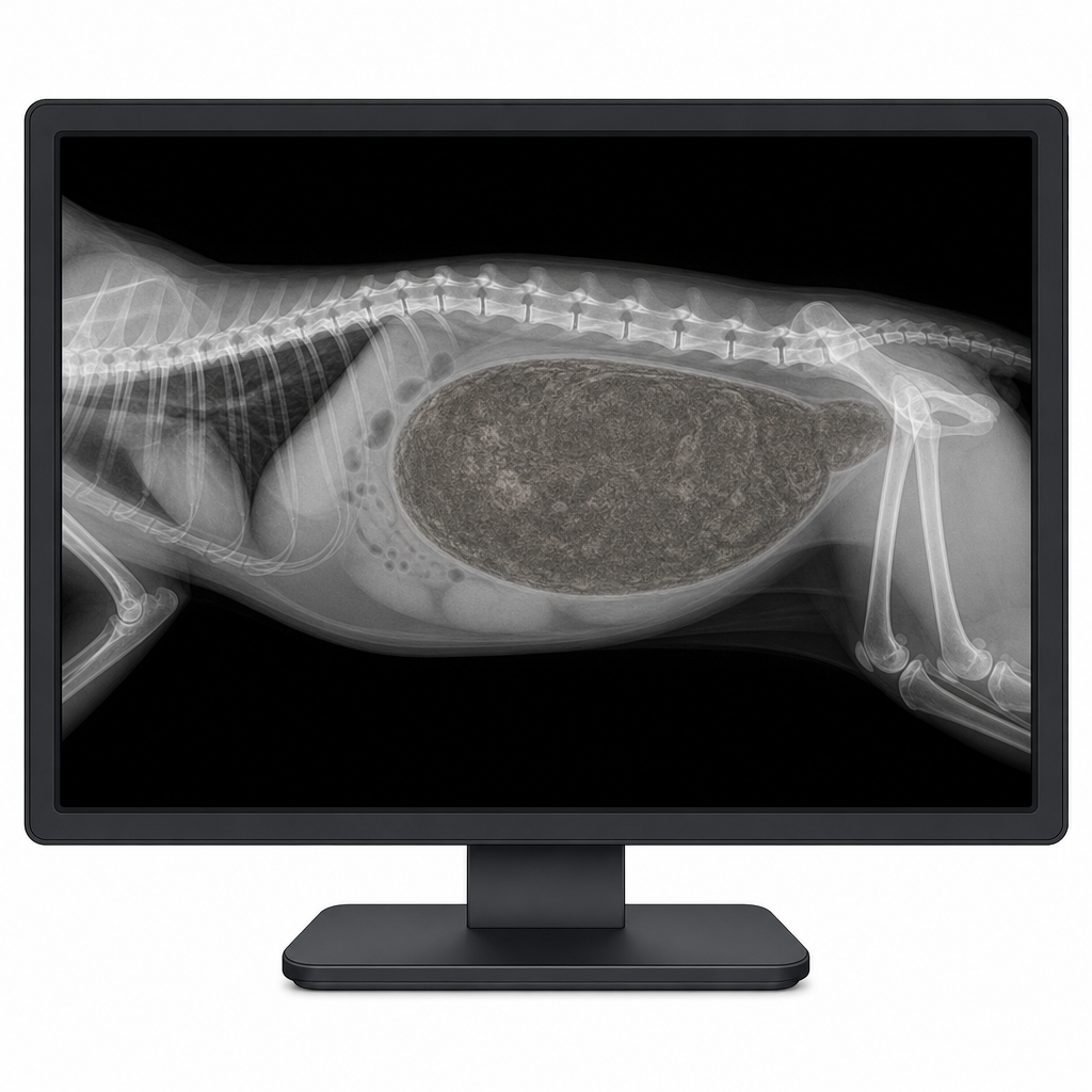 An abdominal X-ray of a cat showing a severely enlarged colon.