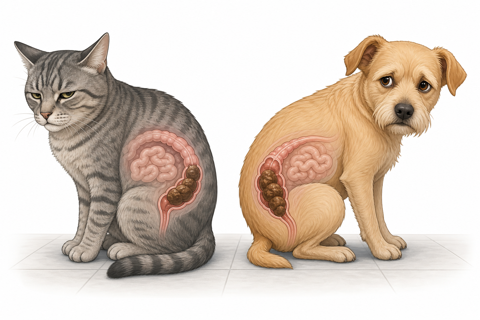A domestic cat and a small dog sitting side-by-side, looking uncomfortable.