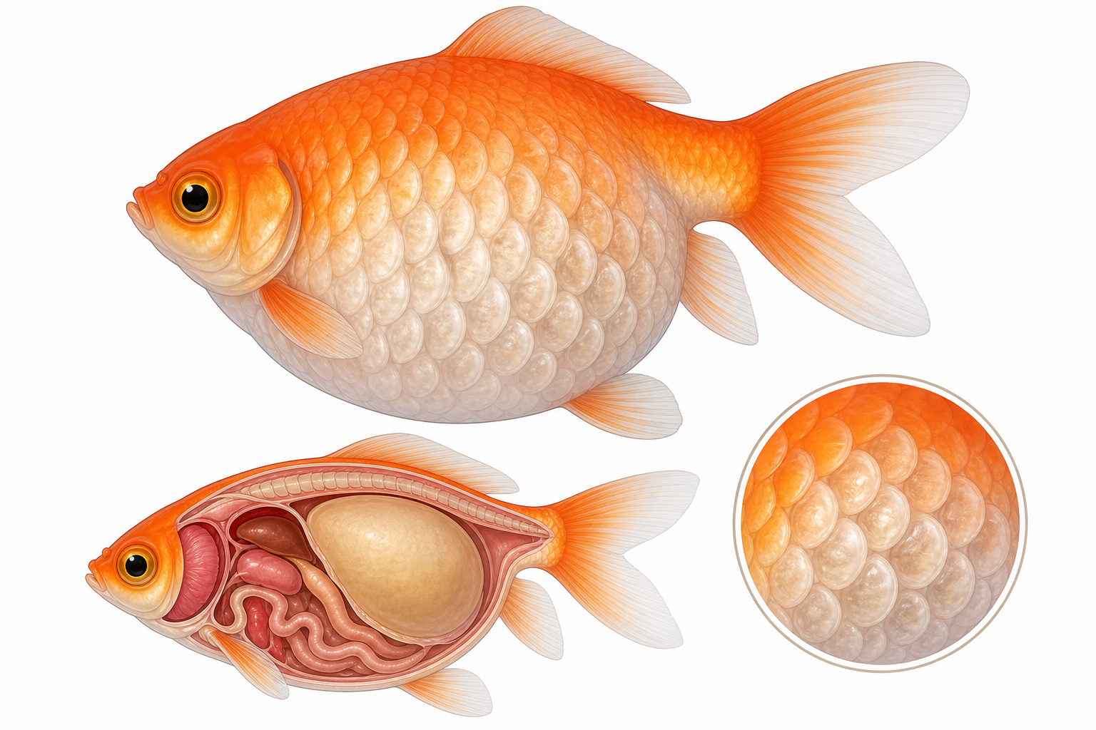A bloated goldfish with protruding pinecone scales swimming in a tank.
