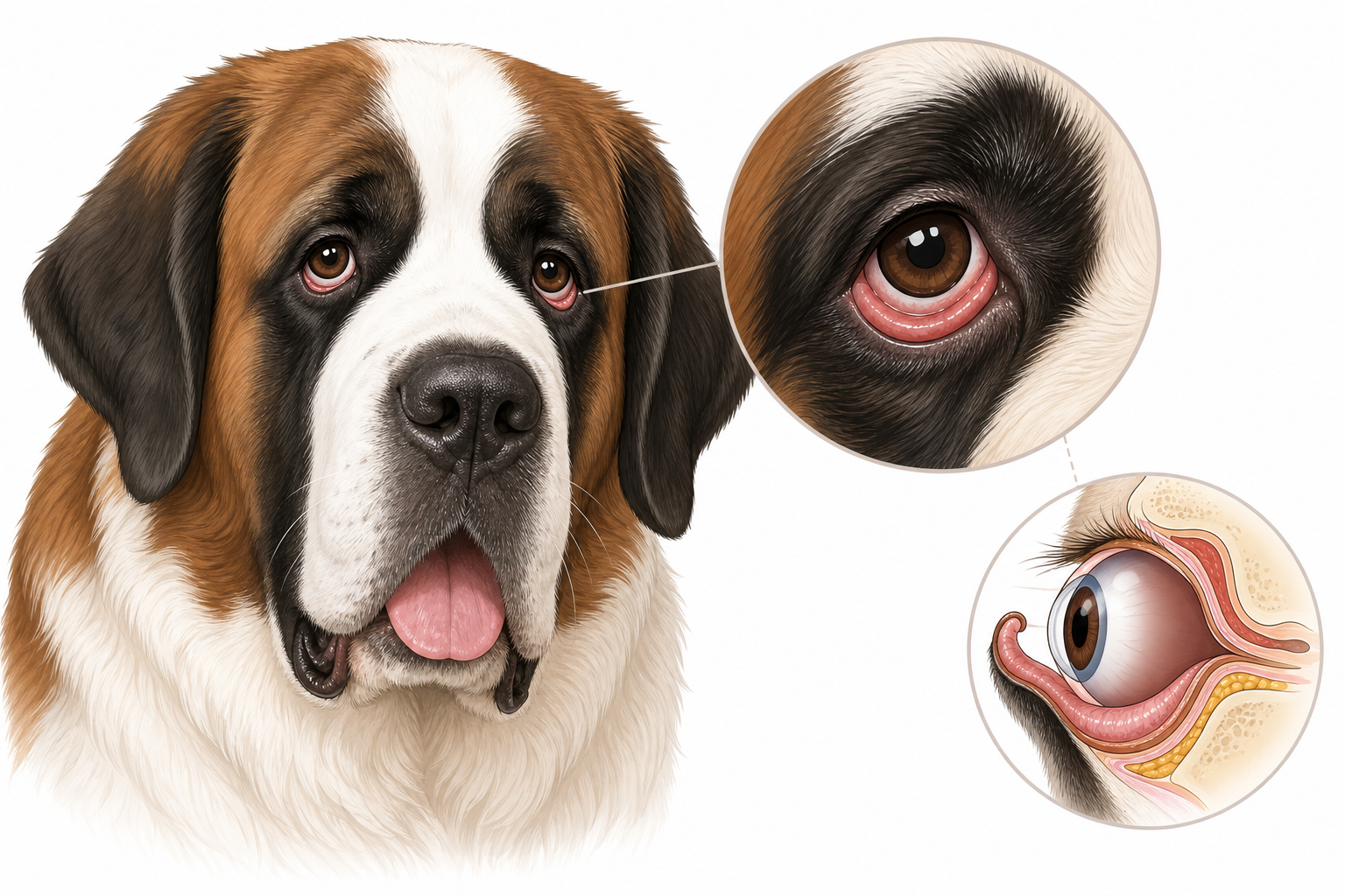 A close-up of a dog's eye with an outward-rolling lower eyelid, exposing the pink conjunctiva.