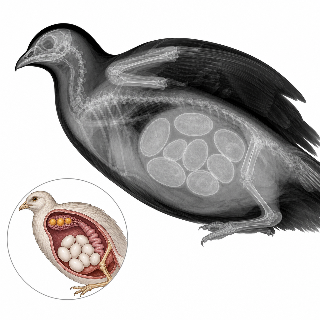 An X-ray of a bird showing clearly defined, retained eggs in the abdomen.