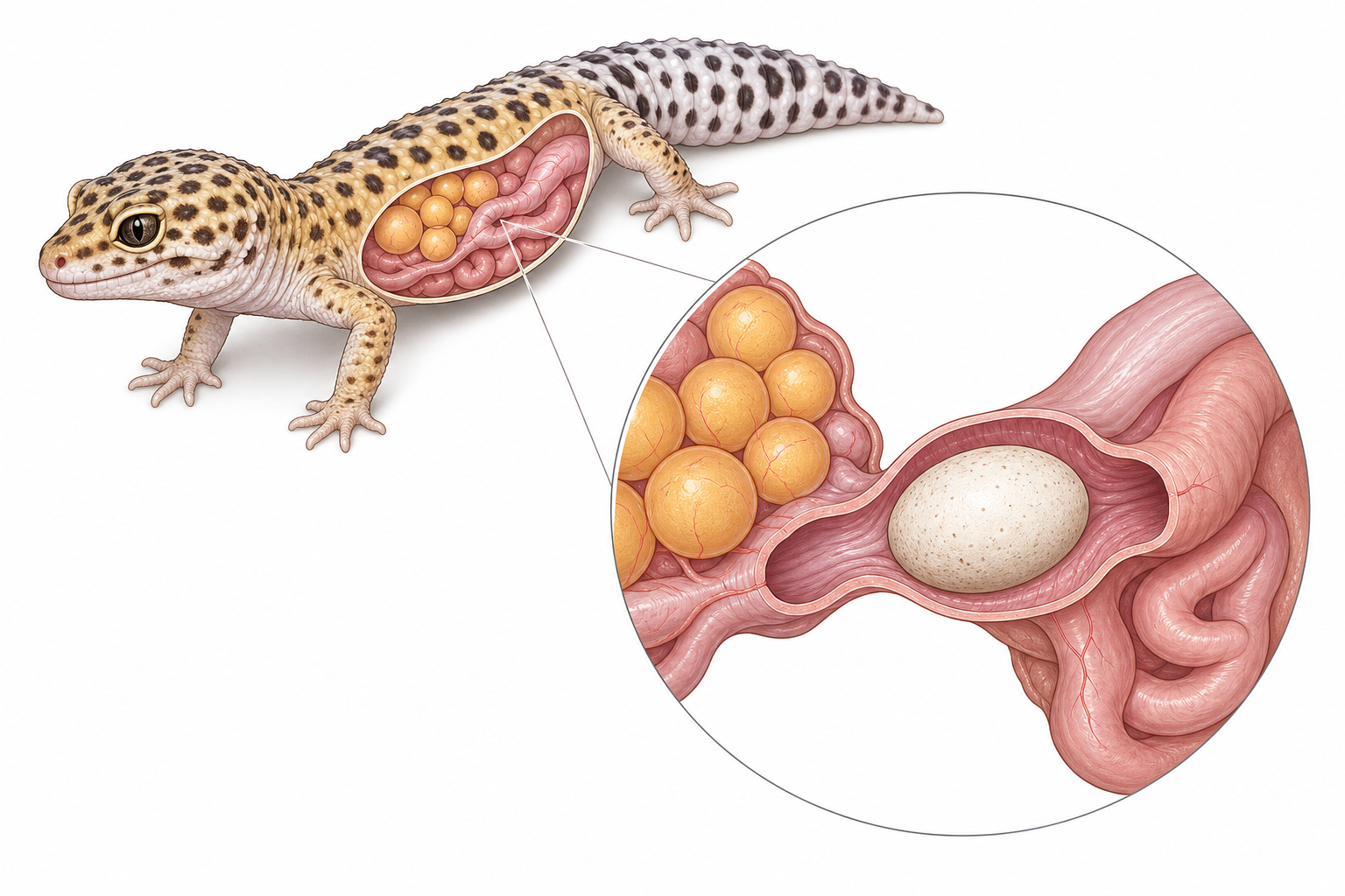 Medical illustration of a reptile's reproductive tract showing a trapped egg.