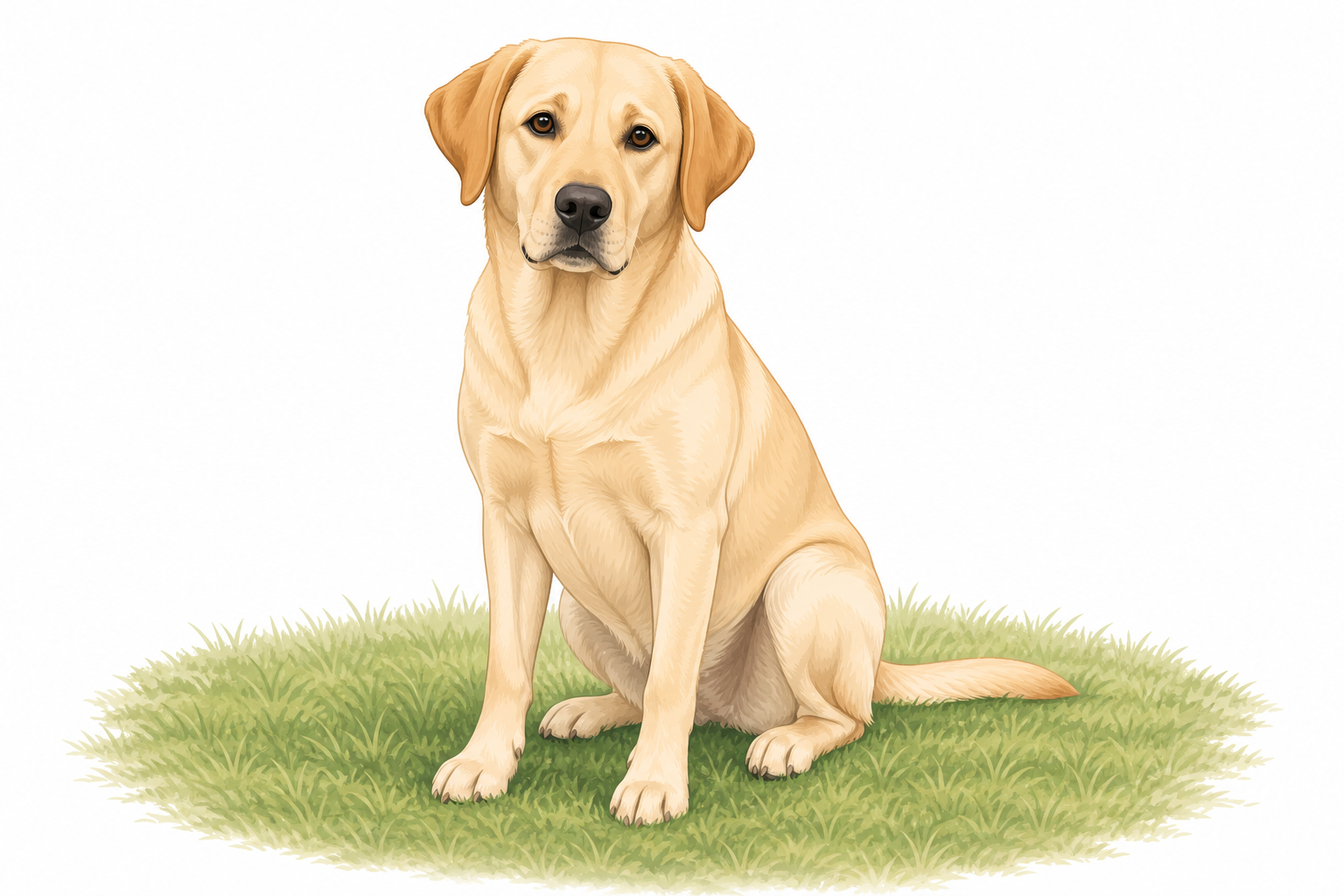 A healthy-looking Labrador Retriever sitting calmly in a grassy field.