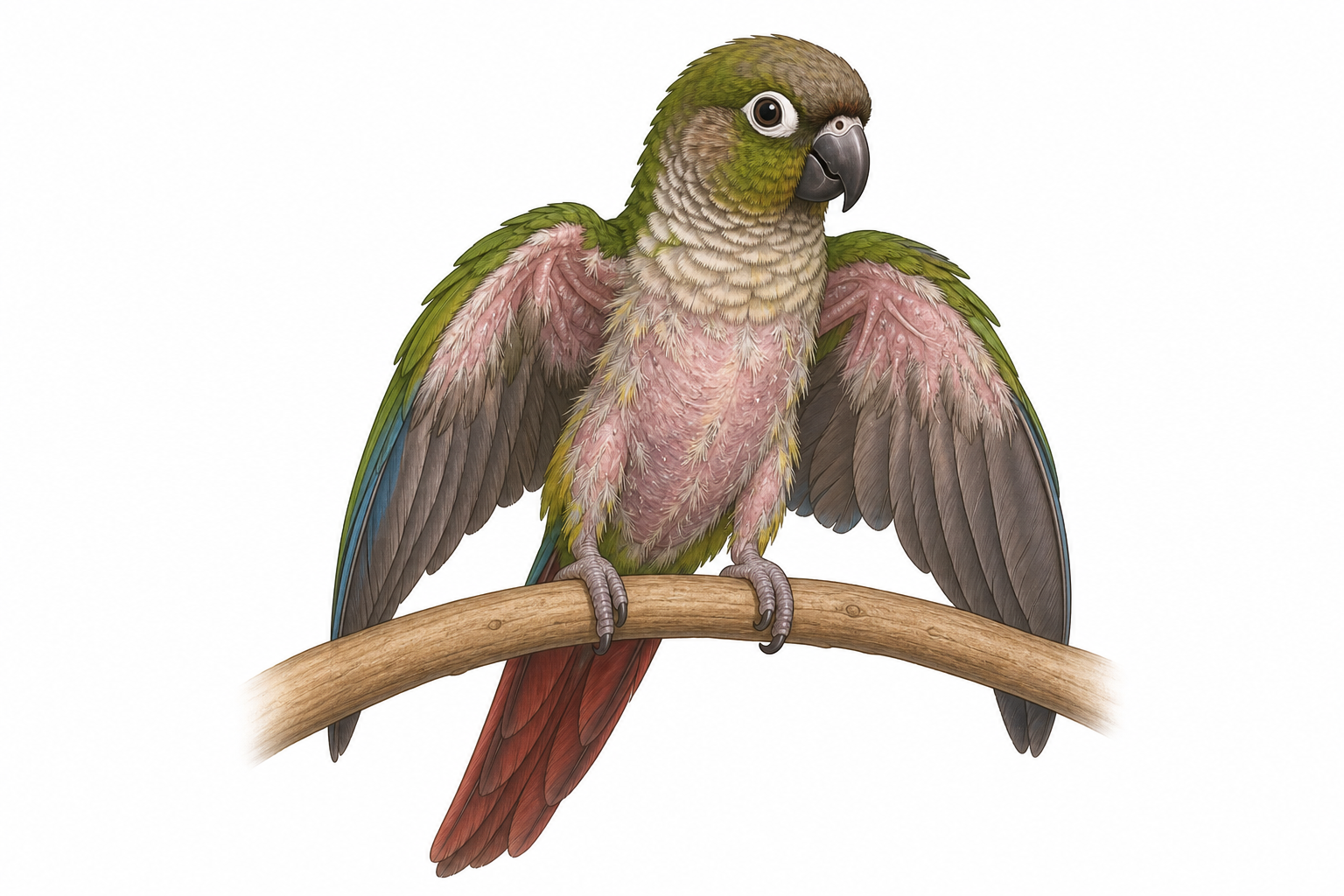 A companion parrot with feather loss on its chest and wings, but head feathers intact.