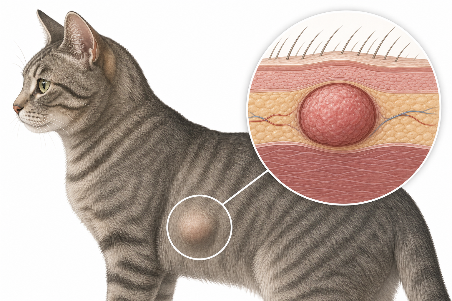 A domestic cat showing a firm subcutaneous lump on its flank.