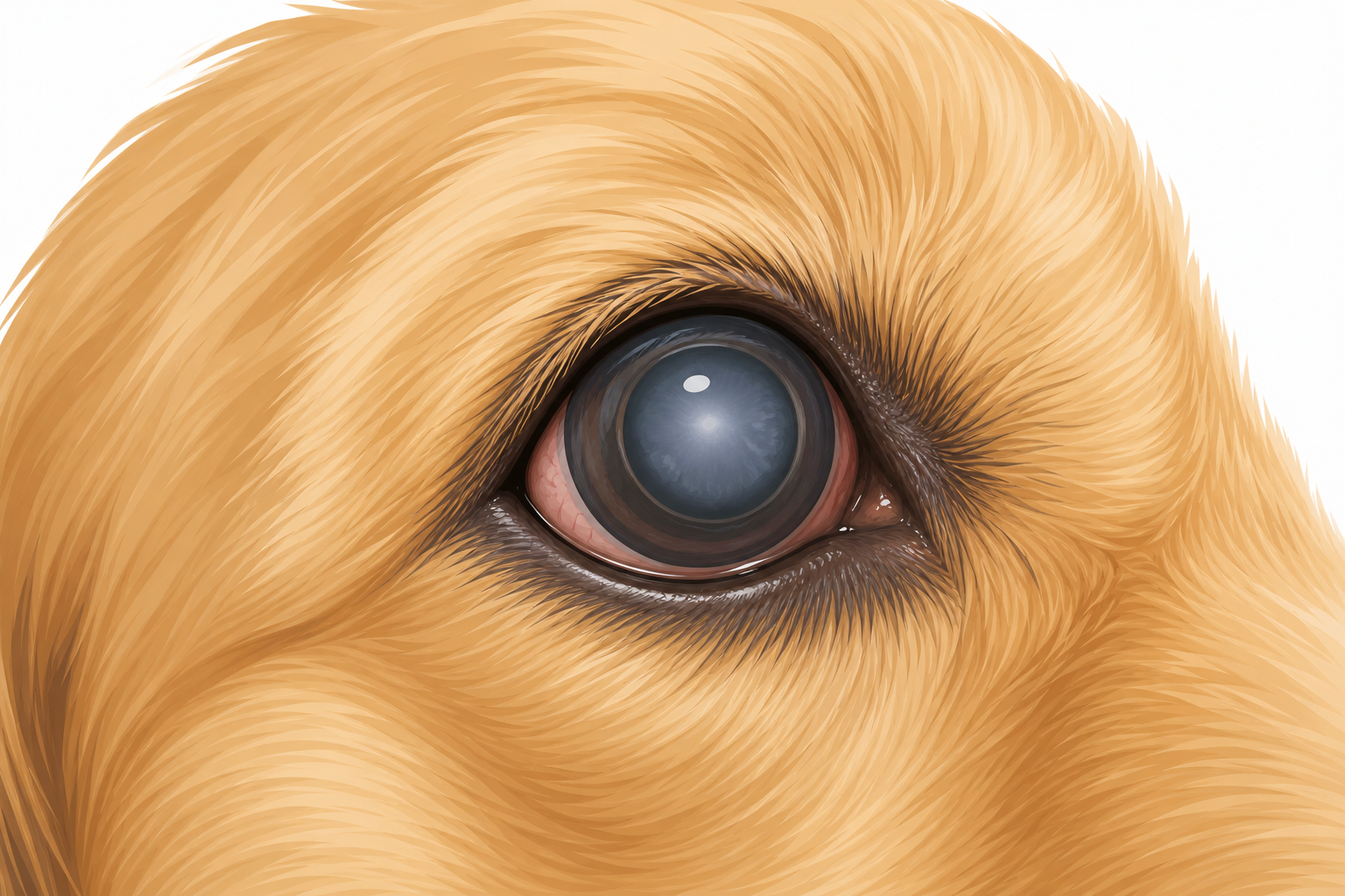 A close-up of a dog's eye with a cloudy cornea and dilated pupil.
