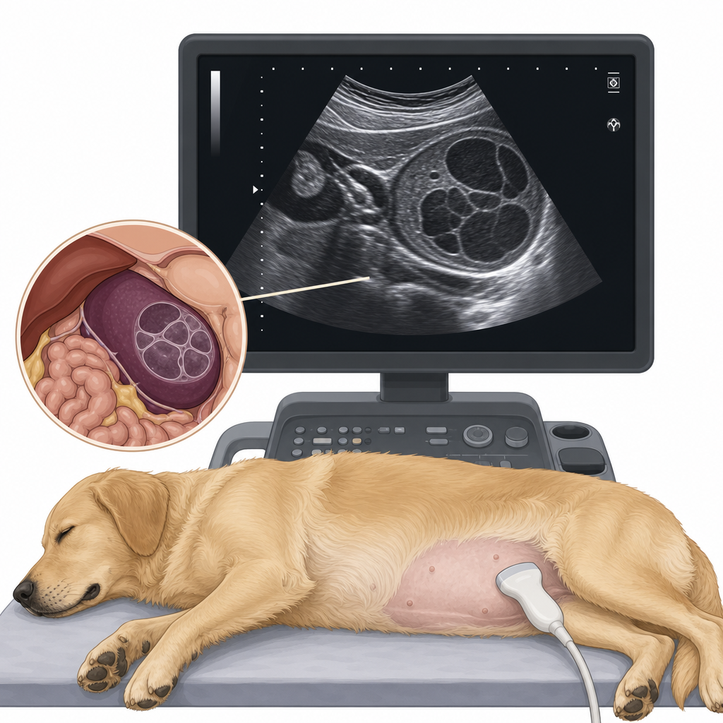 犬の脾臓の腹部超音波像。