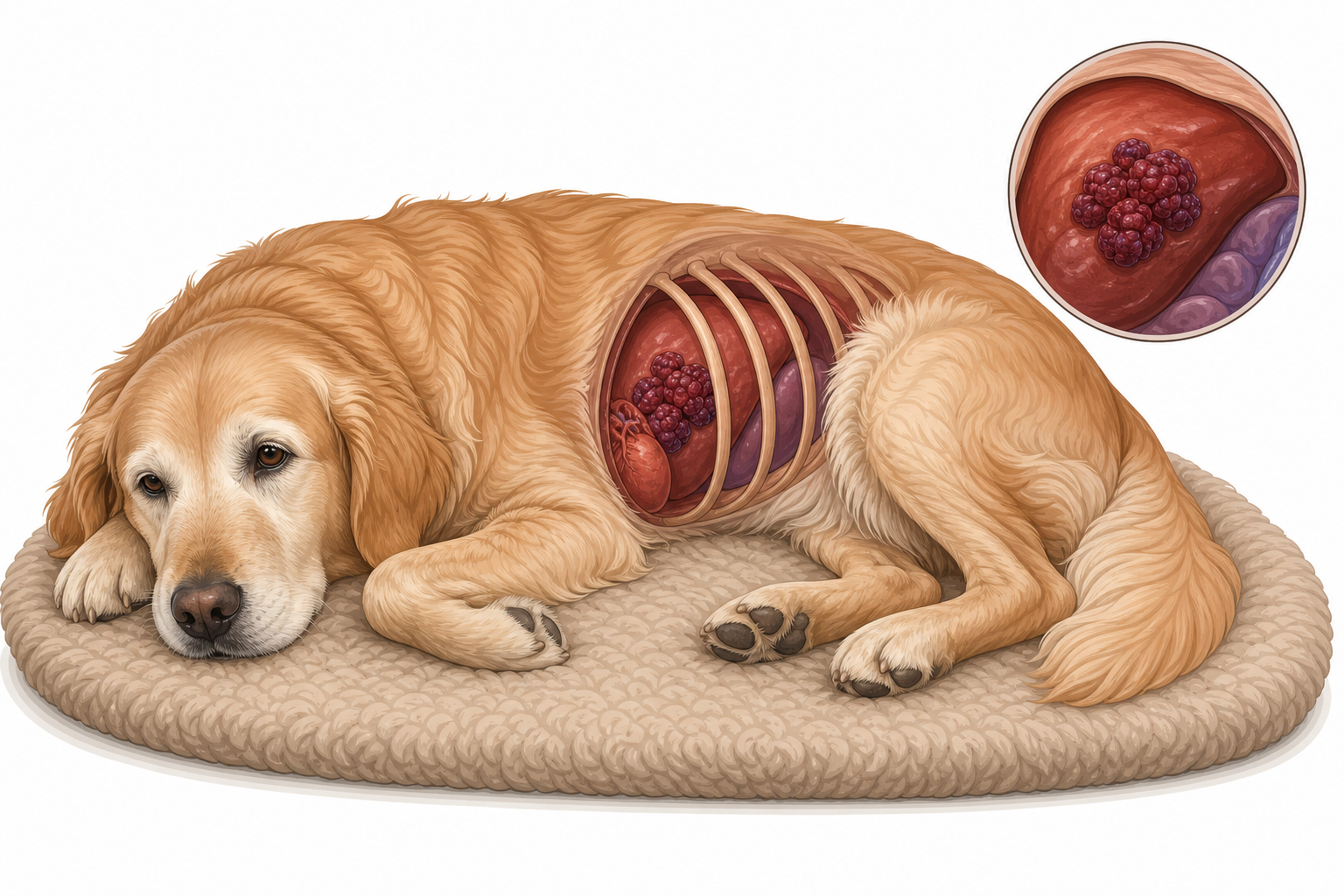 A senior Golden Retriever resting quietly on a rug.