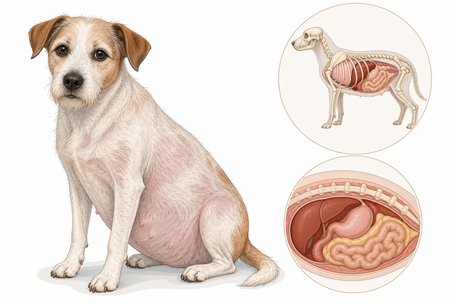 A domestic dog in an exam room showing mild signs of Cushing's disease.