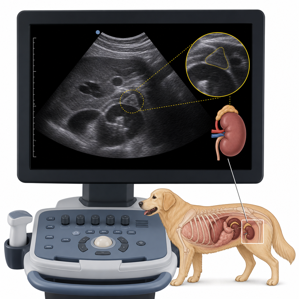 An ultrasound monitor showing an abdominal scan of a dog's adrenal gland.