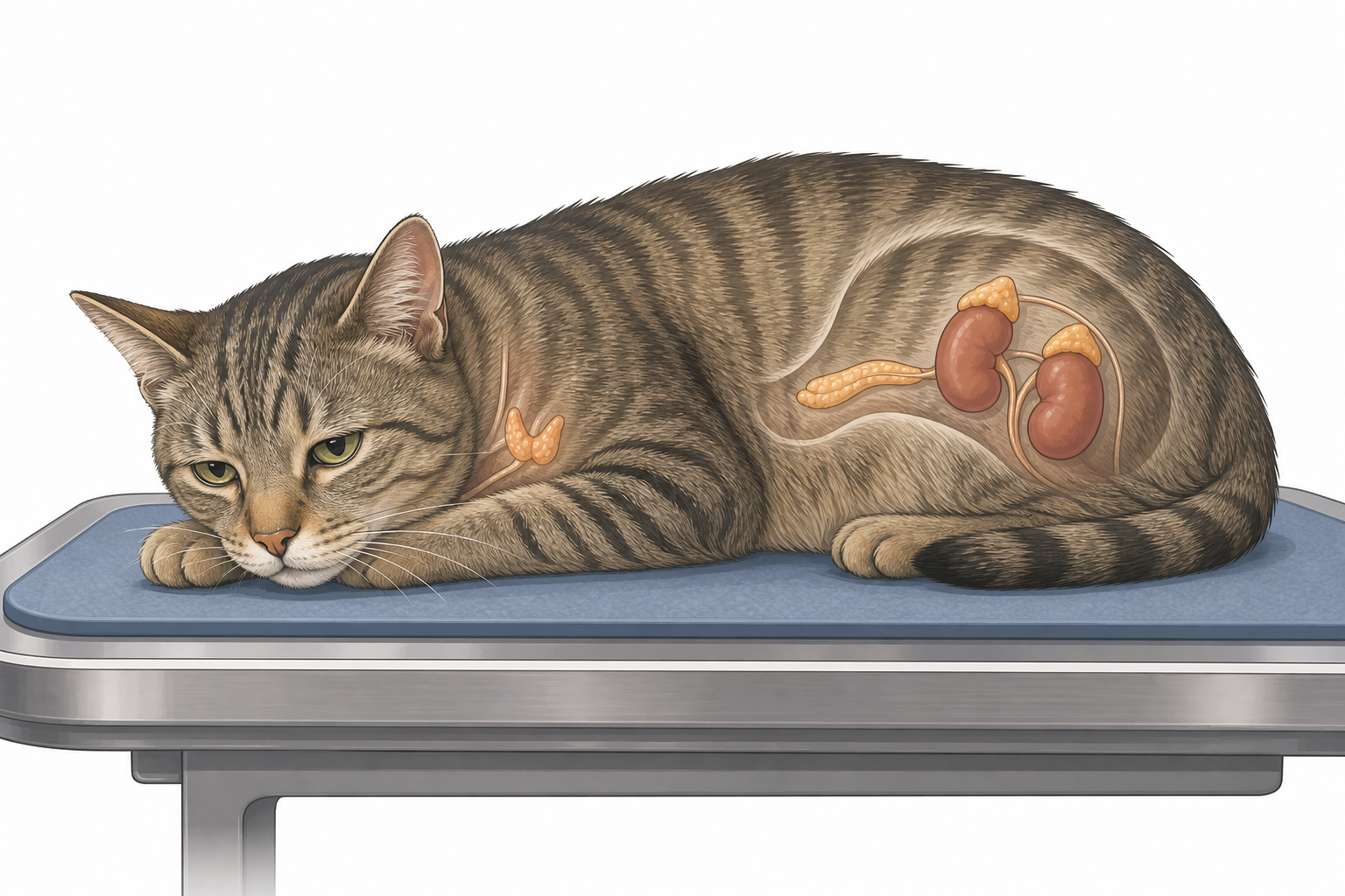 A domestic cat resting on a veterinary exam table, showing mild weakness.