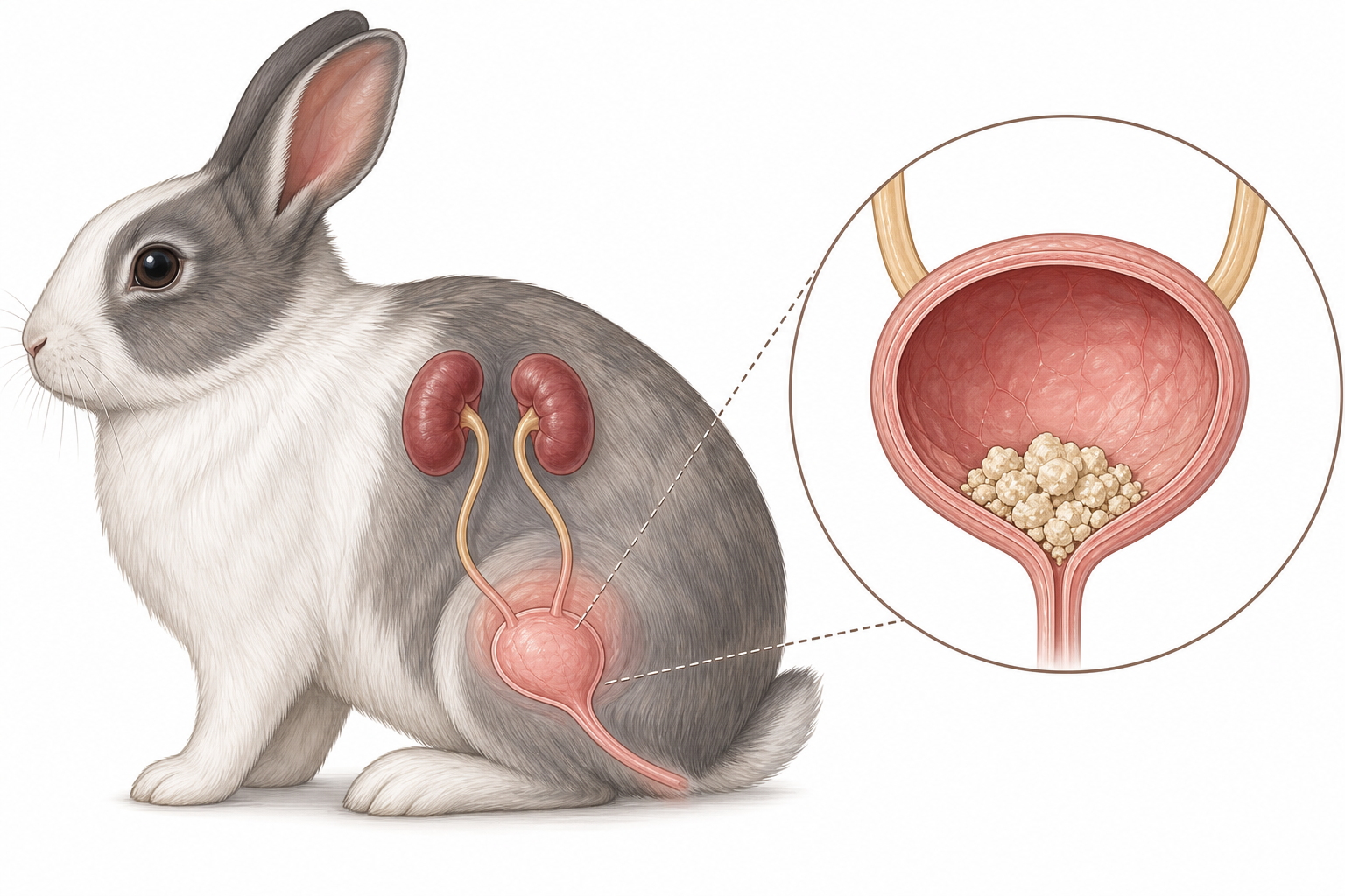Anatomical illustration of a rabbit's urinary system highlighting calcium accumulation in the bladder.