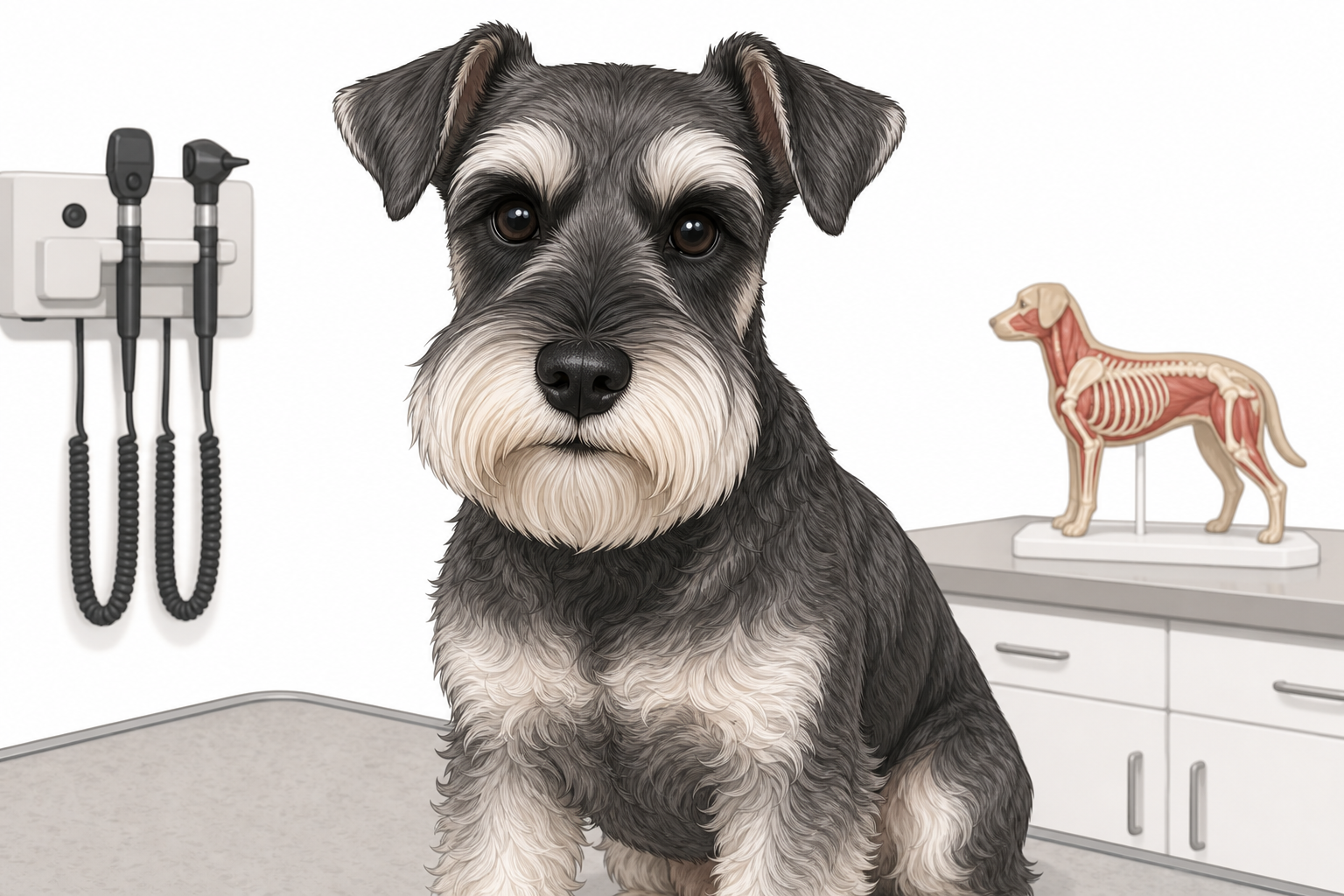 A Miniature Schnauzer sitting calmly in a veterinary clinic exam room.