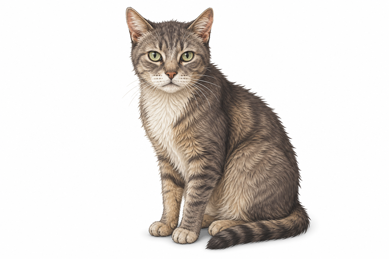 A senior domestic shorthair cat with a slightly unkempt coat looking alert.