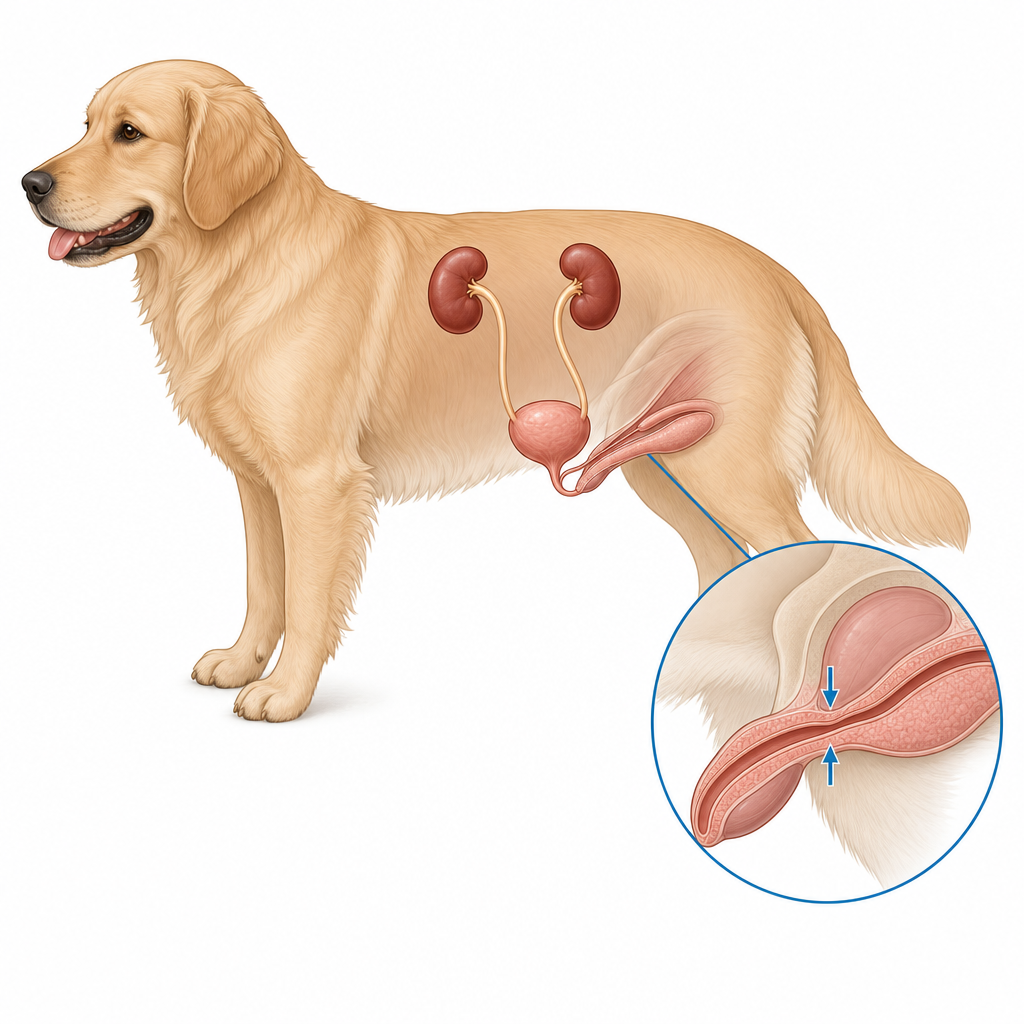 Anatomy diagram of a canine urinary system.