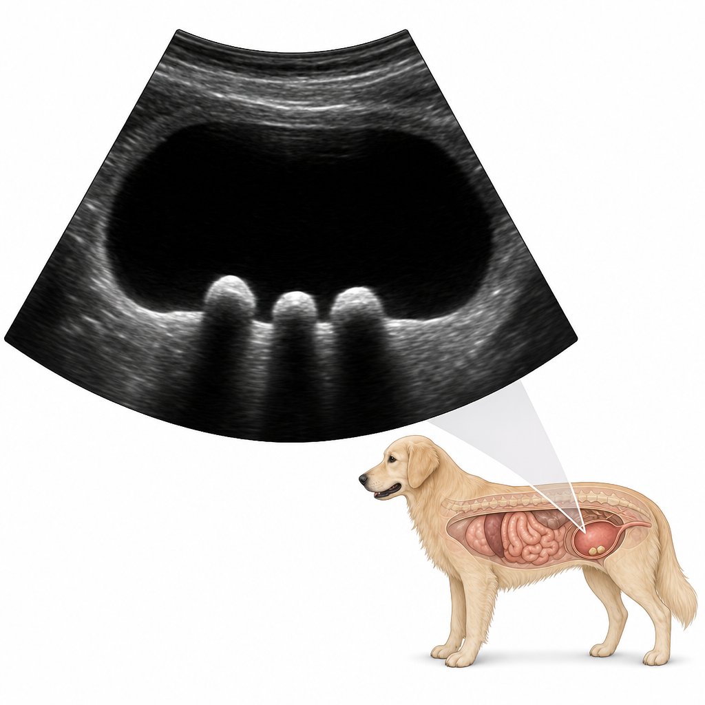 An ultrasound image showing stones in a dog's bladder.