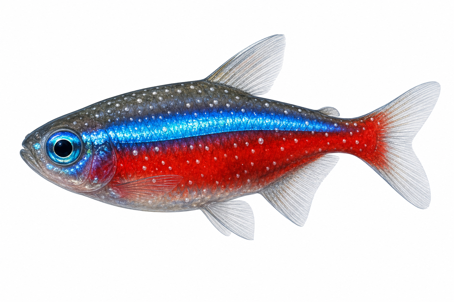 A freshwater neon tetra fish with tiny white spots on its body.