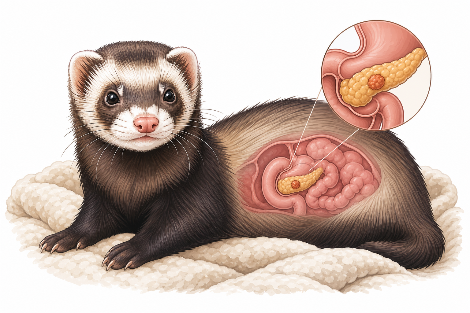 A domestic ferret resting comfortably on a blanket.