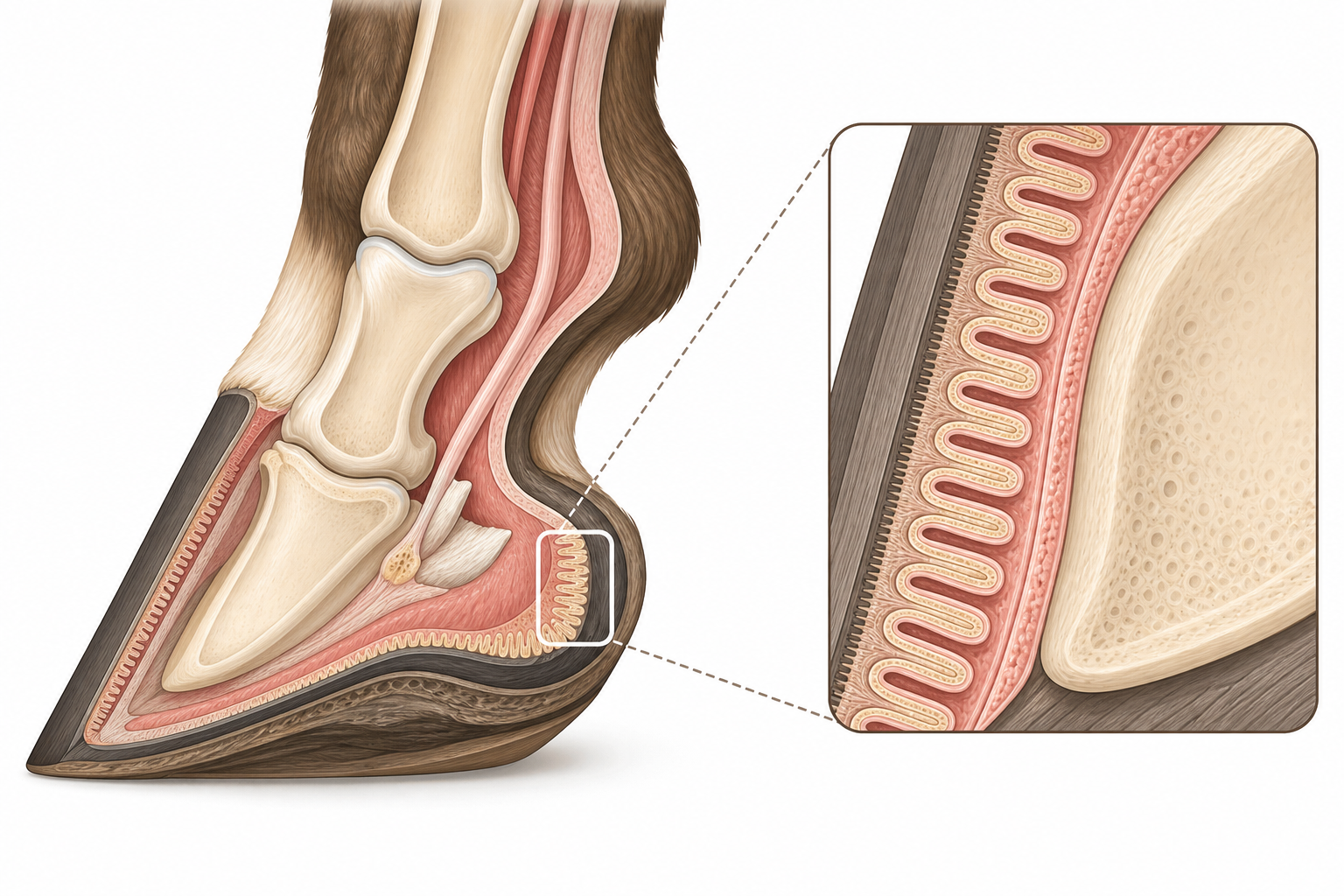 Anatomical diagram of a horse hoof showing the connection between the hoof wall and pedal bone.