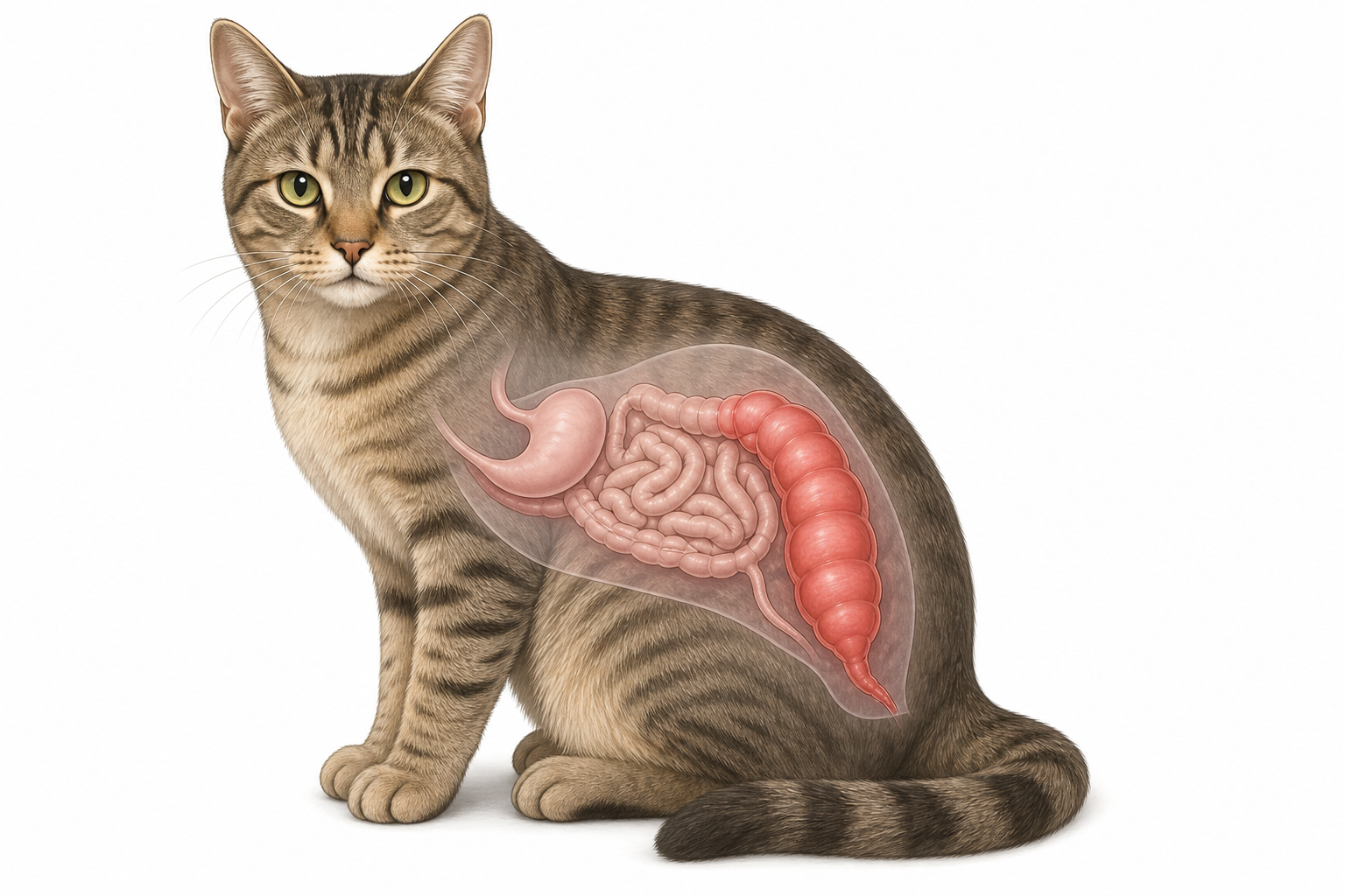 Anatomy diagram of a cat showing a severely dilated colon in the abdominal cavity.